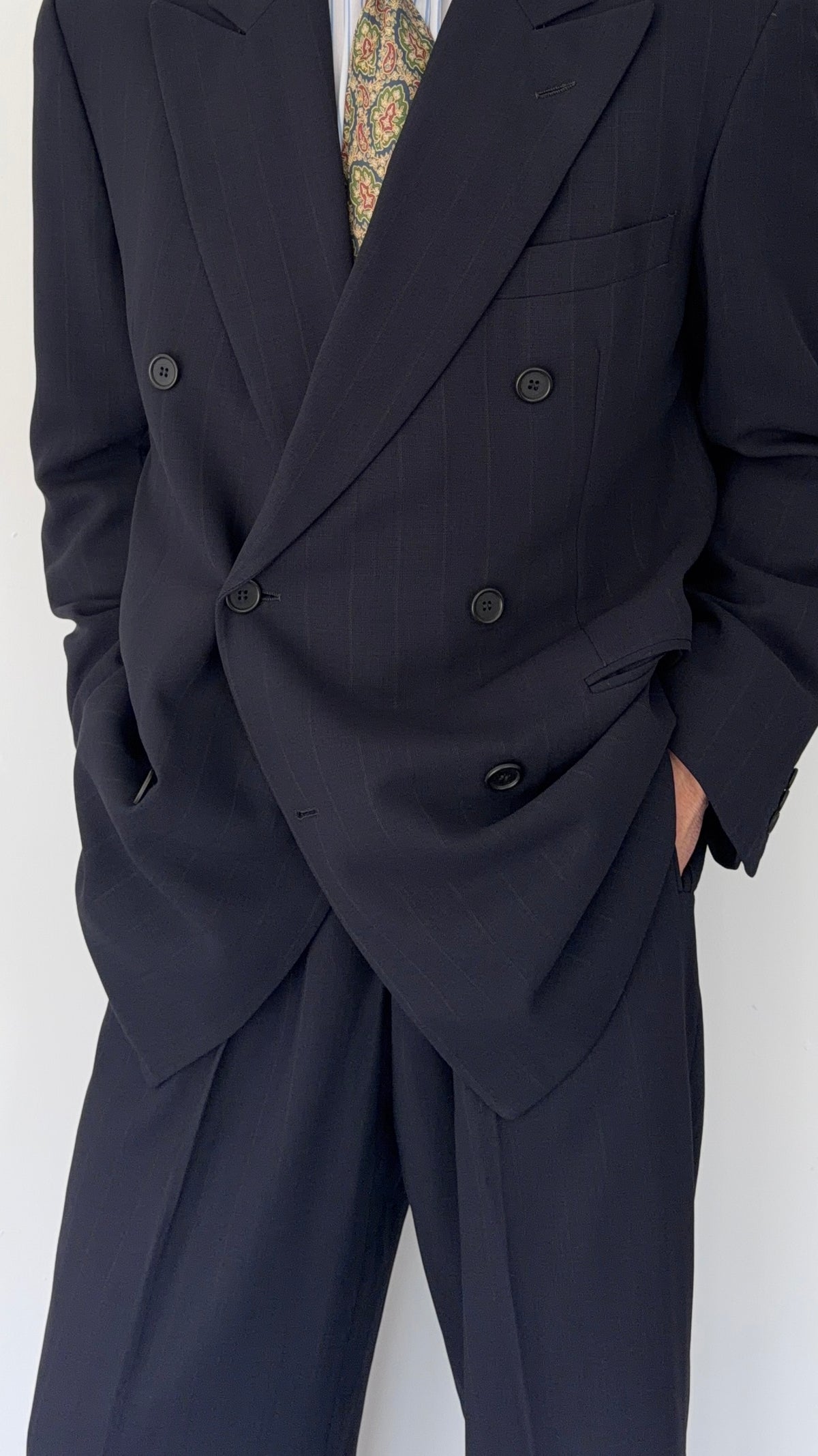 Giorgio Armani Black Label 1990s Peaked Lapel Double Breasted Draped Wool Pleated Suit Navy - Size L Jacket / 34" Waist