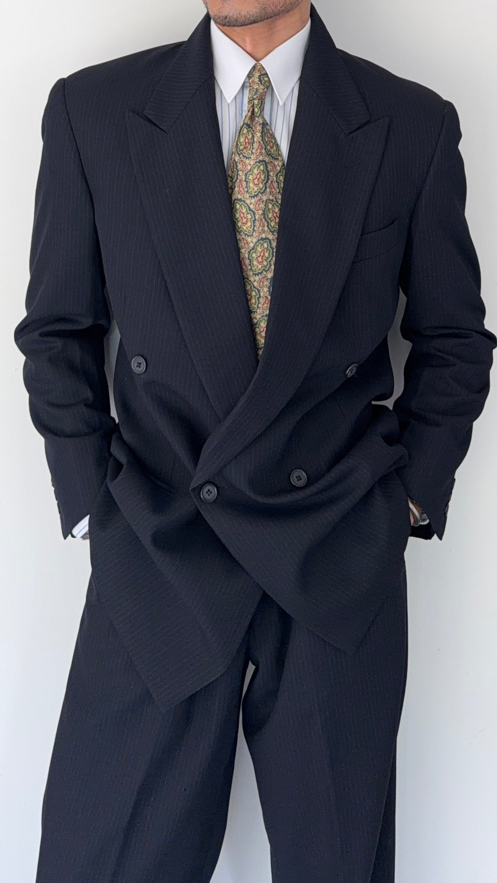 Giorgio Armani 1980s Peaked Lapel Double Breasted Pinstriped Wool Pleated Suit Navy - Size M Jacket / 32" Waist