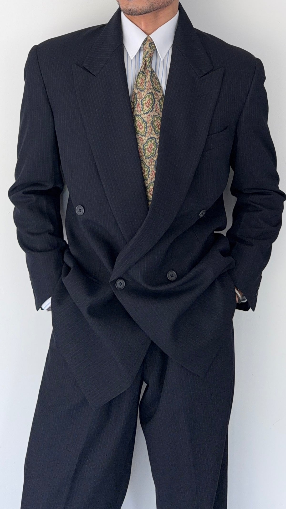 Giorgio Armani 1980s Peaked Lapel Double Breasted Pinstriped Wool Pleated Suit Navy - Size M Jacket / 32" Waist