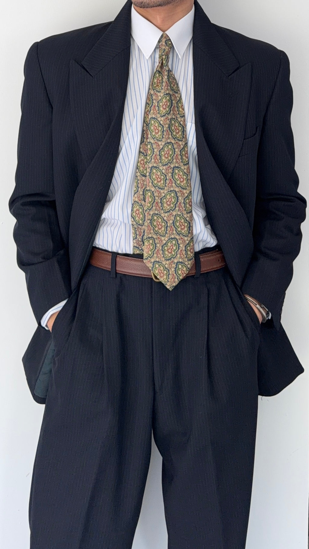 Giorgio Armani 1980s Peaked Lapel Double Breasted Pinstriped Wool Pleated Suit Navy - Size M Jacket / 32" Waist