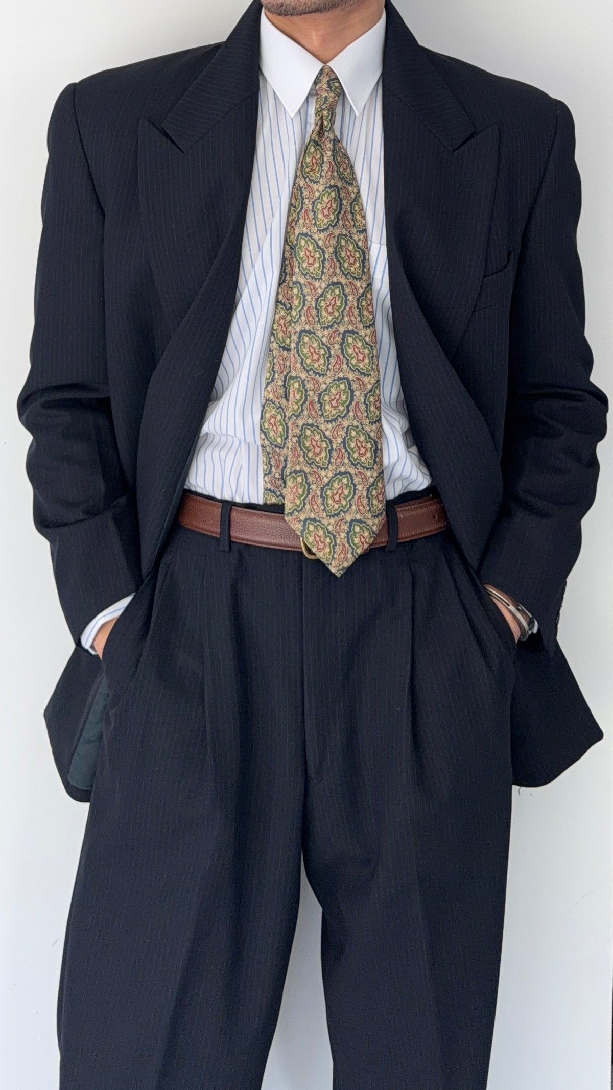 Giorgio Armani 1980s Peaked Lapel Double Breasted Pinstriped Wool Pleated Suit Navy - Size M Jacket / 32" Waist