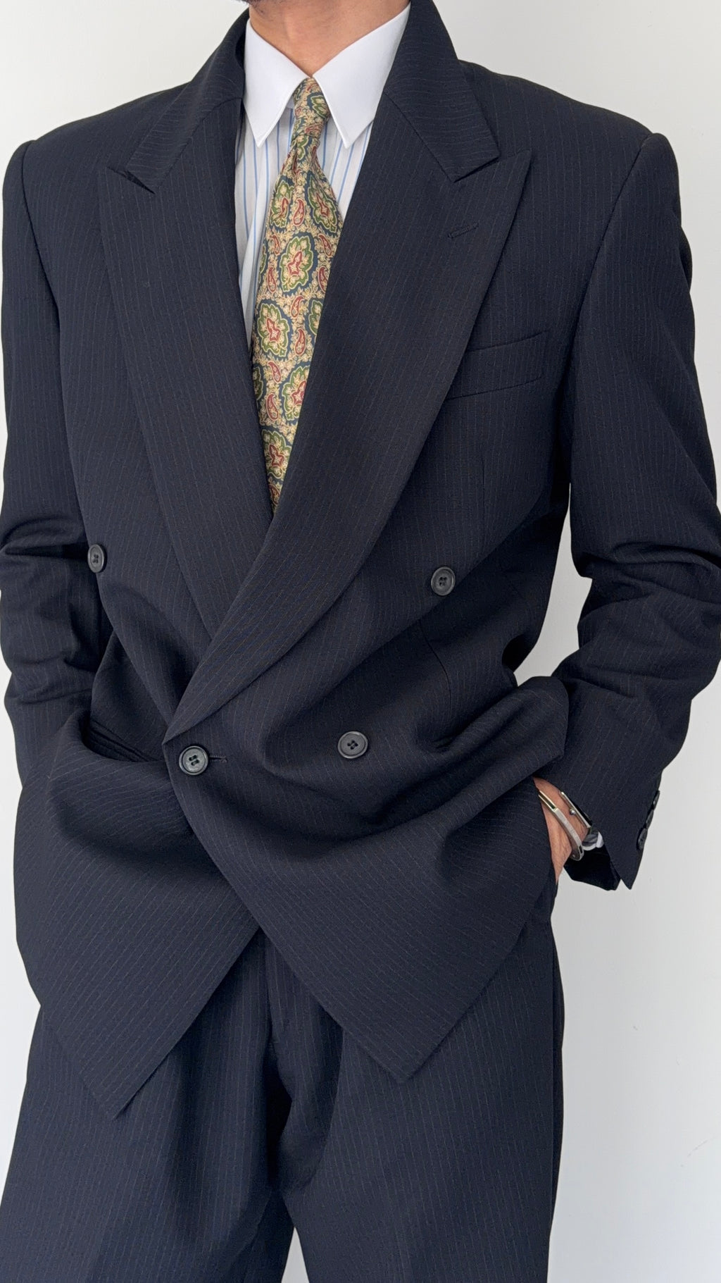 Giorgio Armani 1980s Peaked Lapel Double Breasted Pinstriped Wool Pleated Suit Navy - Size M Jacket / 32" Waist