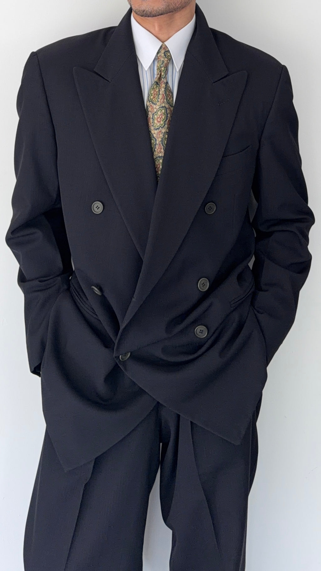 Giorgio Armani Black Label 1990s Peaked Lapel Double Breasted Draped Wool Pleated Suit Navy - Size XL Jacket / 36" Waist