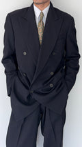 Giorgio Armani Black Label 1990s Peaked Lapel Double Breasted Draped Wool Pleated Suit Navy - Size XL Jacket / 36" Waist
