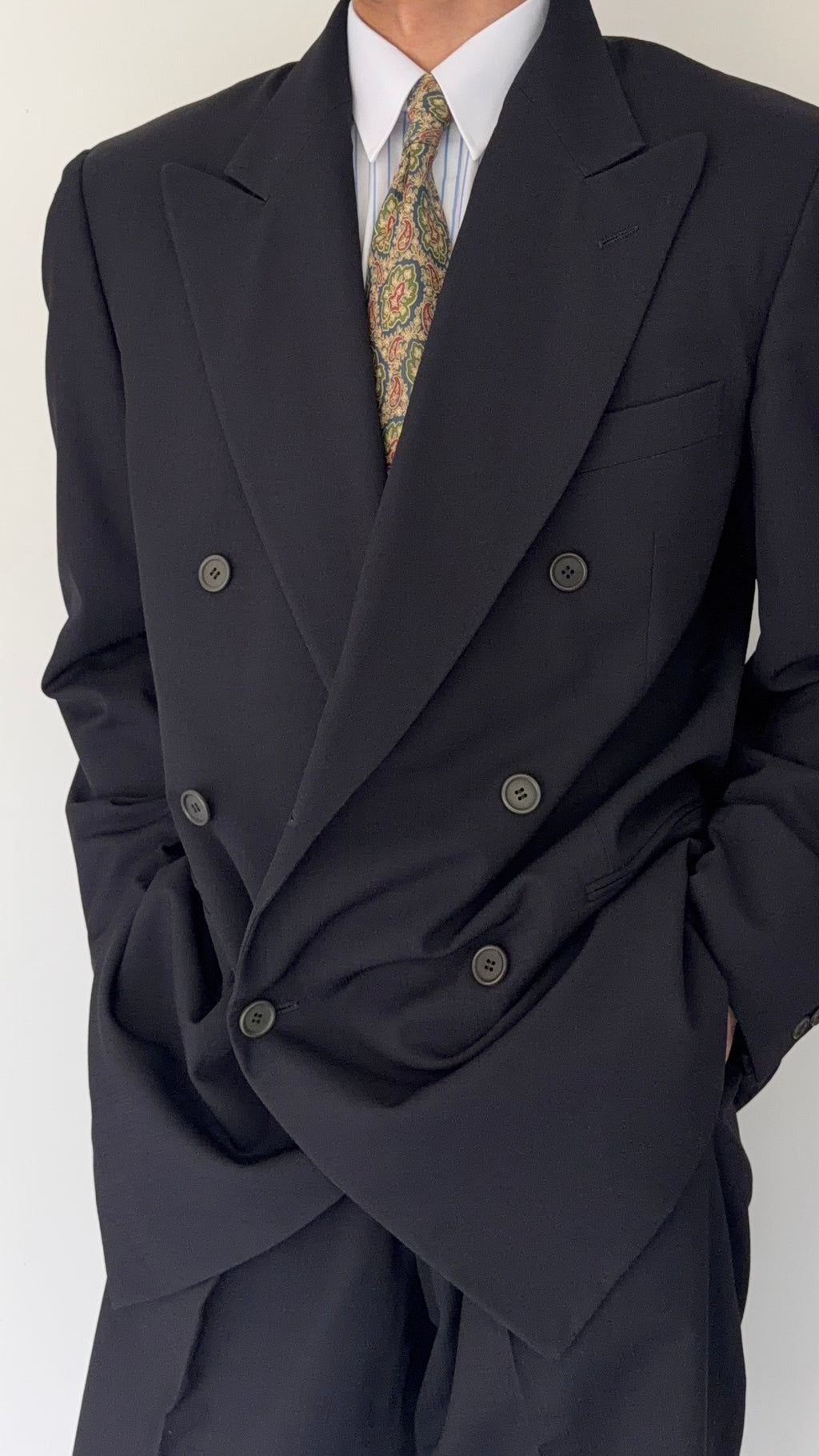 Giorgio Armani Black Label 1990s Peaked Lapel Double Breasted Draped Wool Pleated Suit Navy - Size XL Jacket / 36" Waist