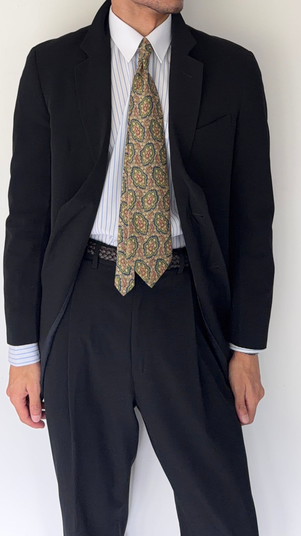 Giorgio Armani 1980s 2B Black Pleated Wool Cotton Suit - Size S Jacket / 33" Waist