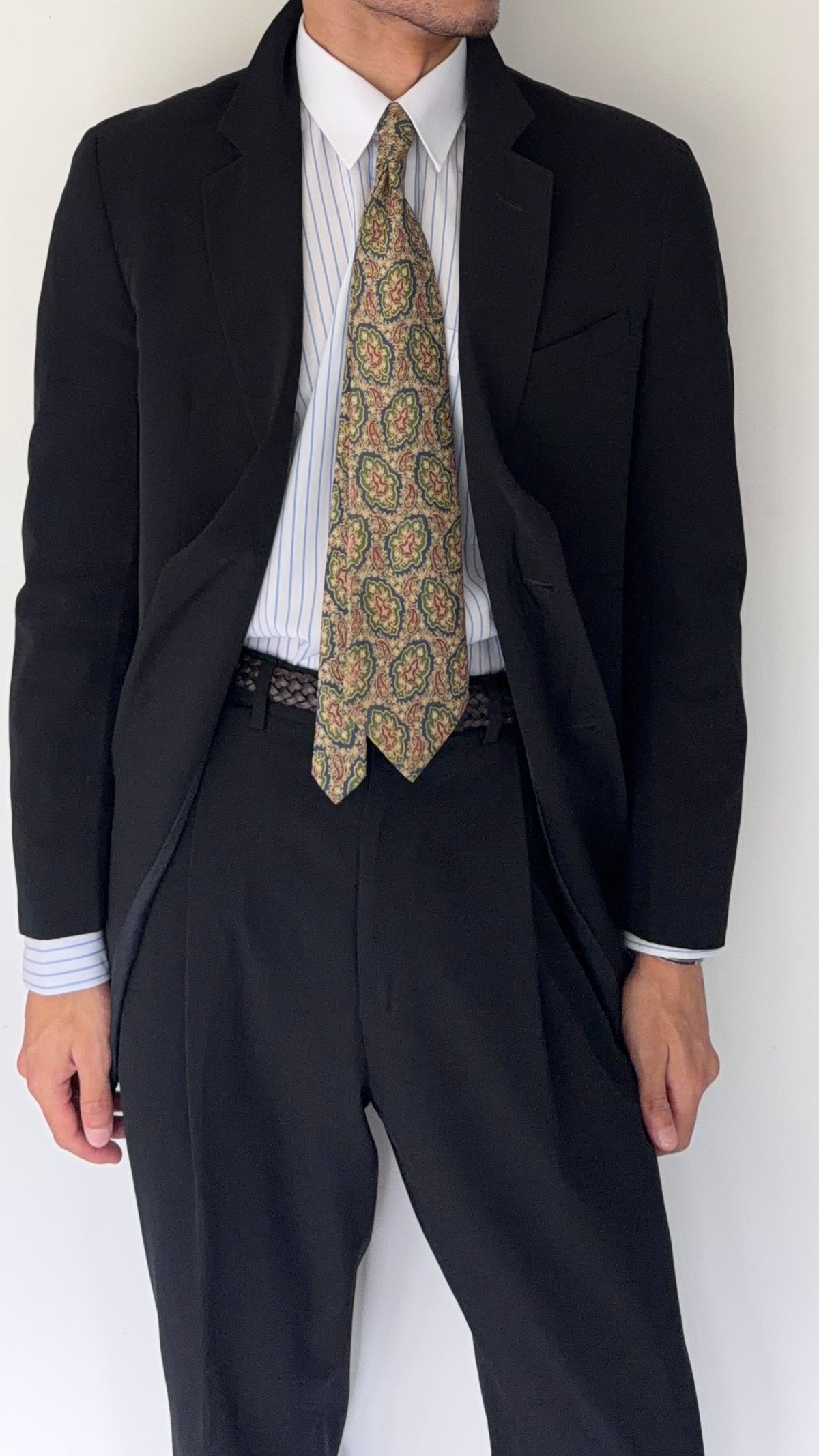 Giorgio Armani 1980s 2B Black Pleated Wool Cotton Suit - Size S Jacket / 33" Waist