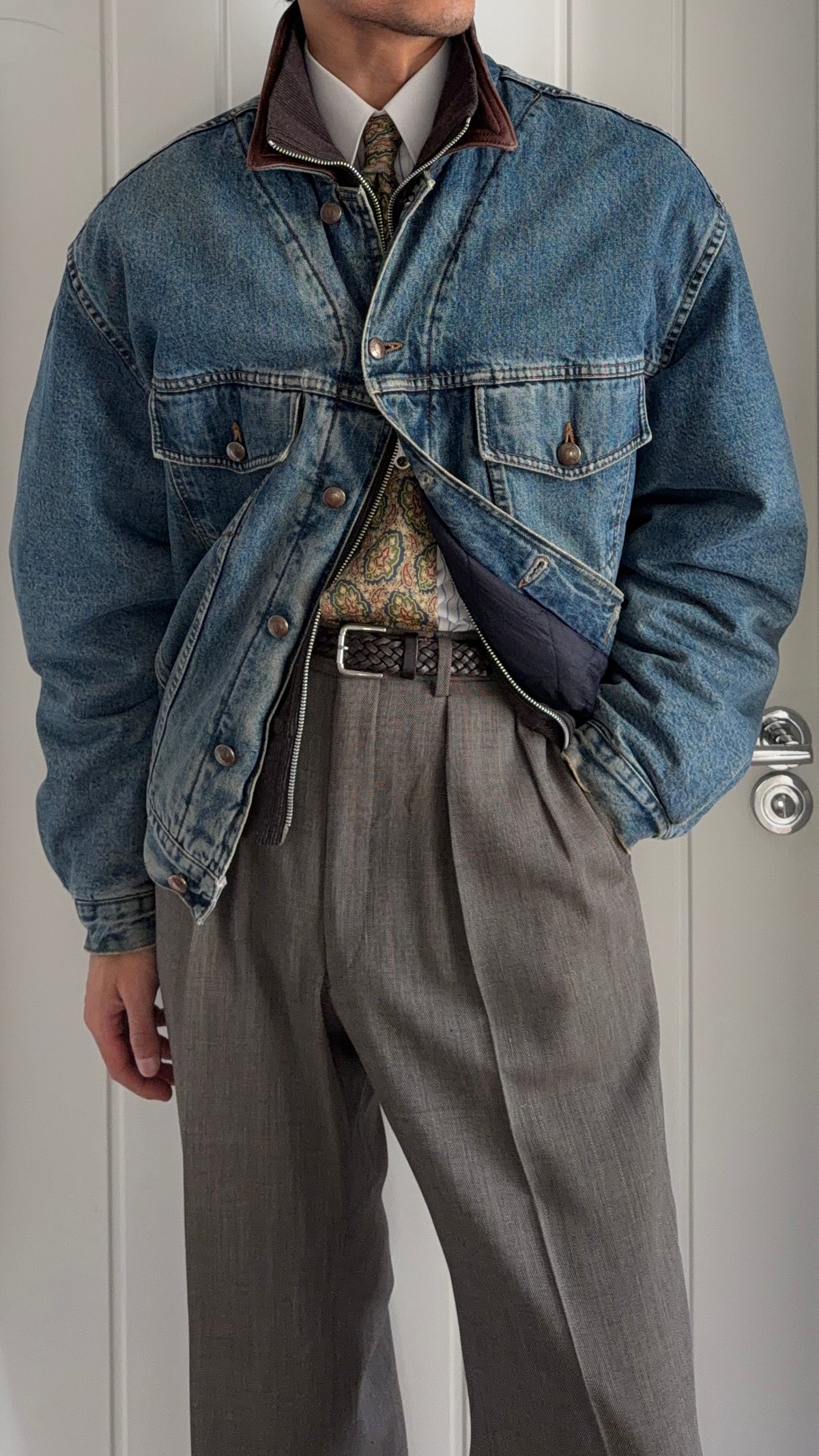 Hugo Boss 1980s 'Apache' Leather Collar Quilt Lined Denim Jacket Made in Italy  - Size XL