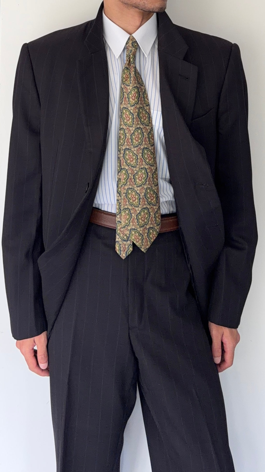 Armani 1990s 3B Black Wool Striped Suit - Size XXL Jacket / 40" Waist