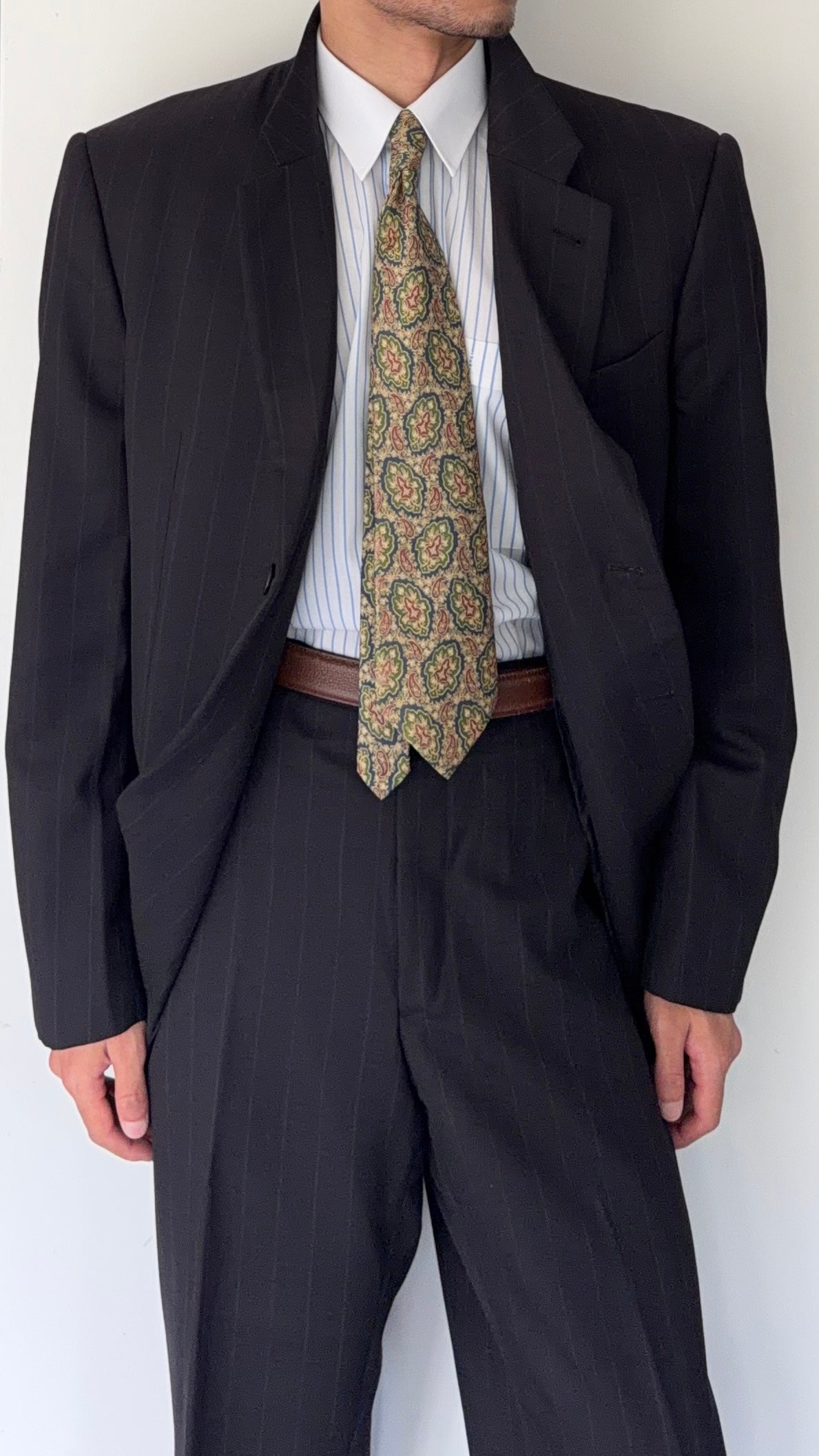 Armani 1990s 3B Black Wool Striped Suit - Size XXL Jacket / 40" Waist