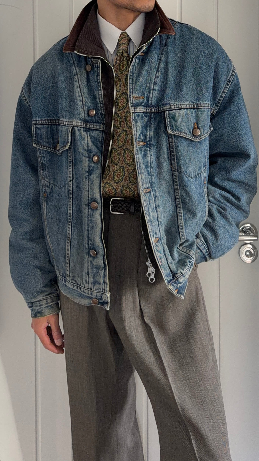 Hugo Boss 1980s 'Apache' Leather Collar Quilt Lined Denim Jacket Made in Italy  - Size XL