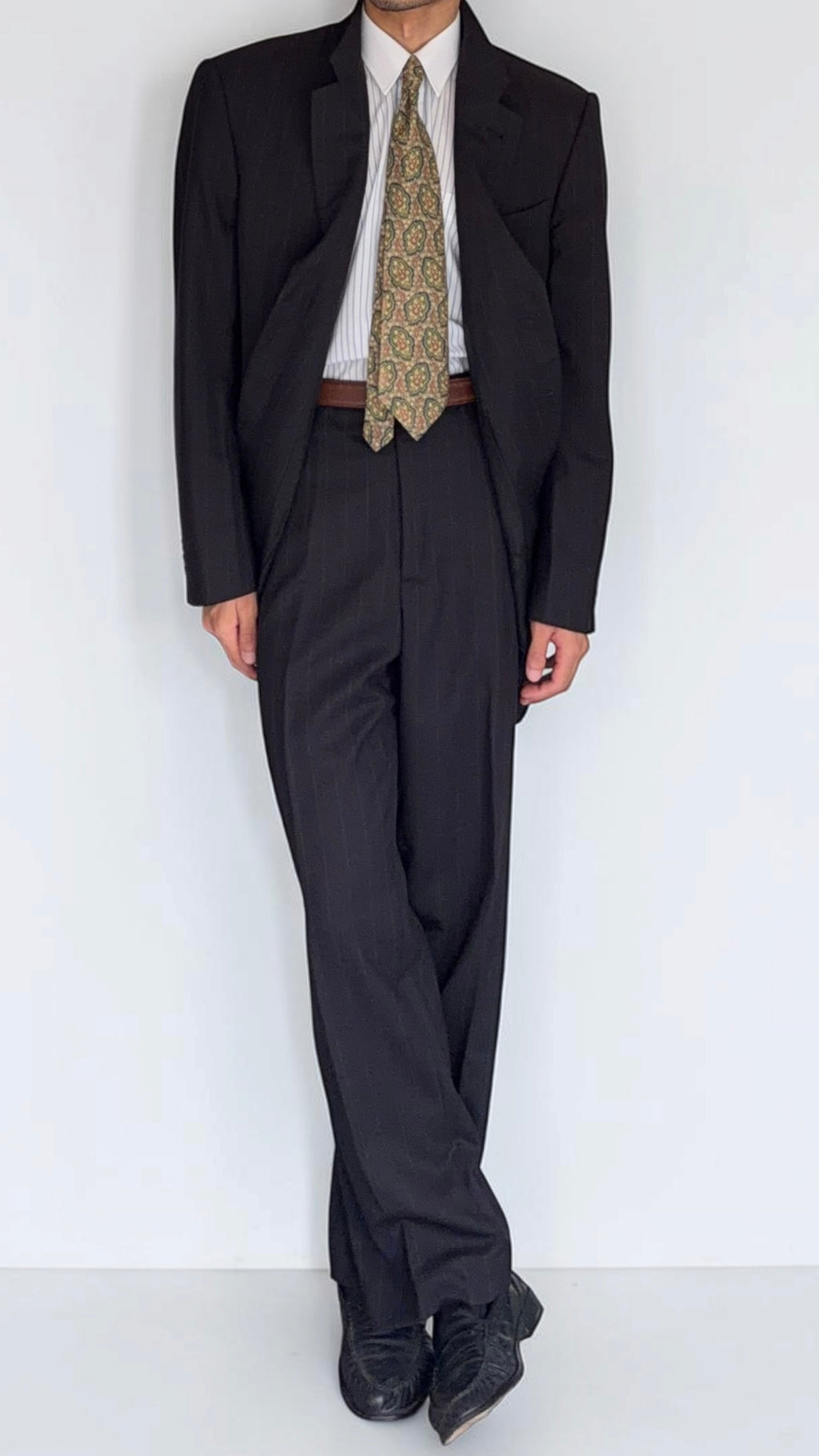 Armani 1990s 3B Black Wool Striped Suit - Size XXL Jacket / 40" Waist