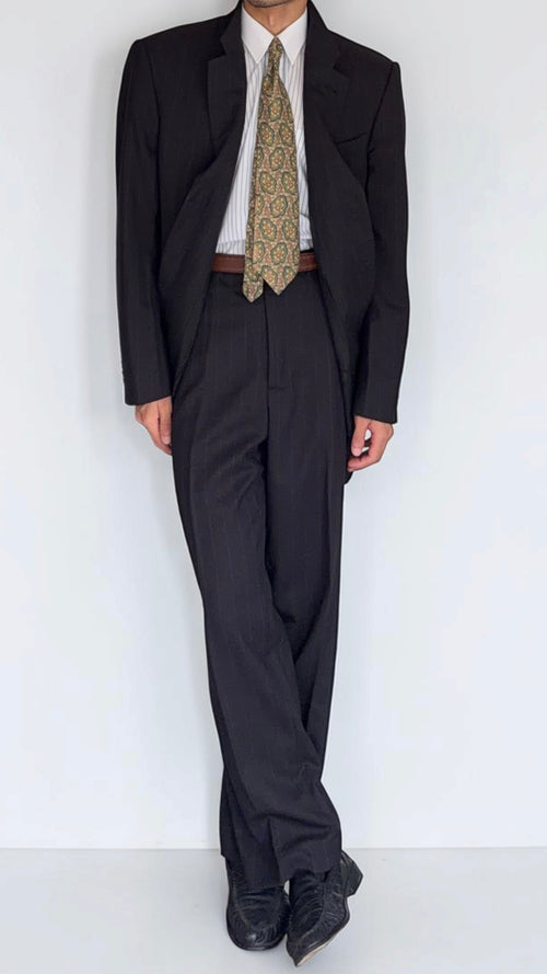Armani 1990s 3B Black Wool Striped Suit - Size XXL Jacket / 40" Waist