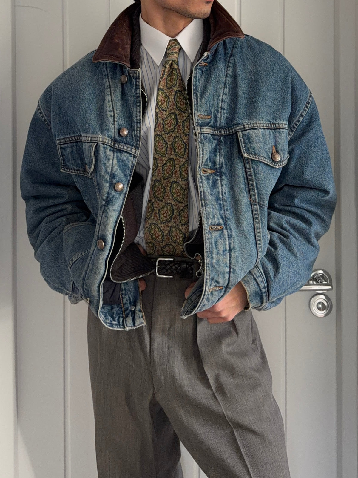 Hugo Boss 1980s 'Apache' Leather Collar Quilt Lined Denim Jacket Made in Italy  - Size XL