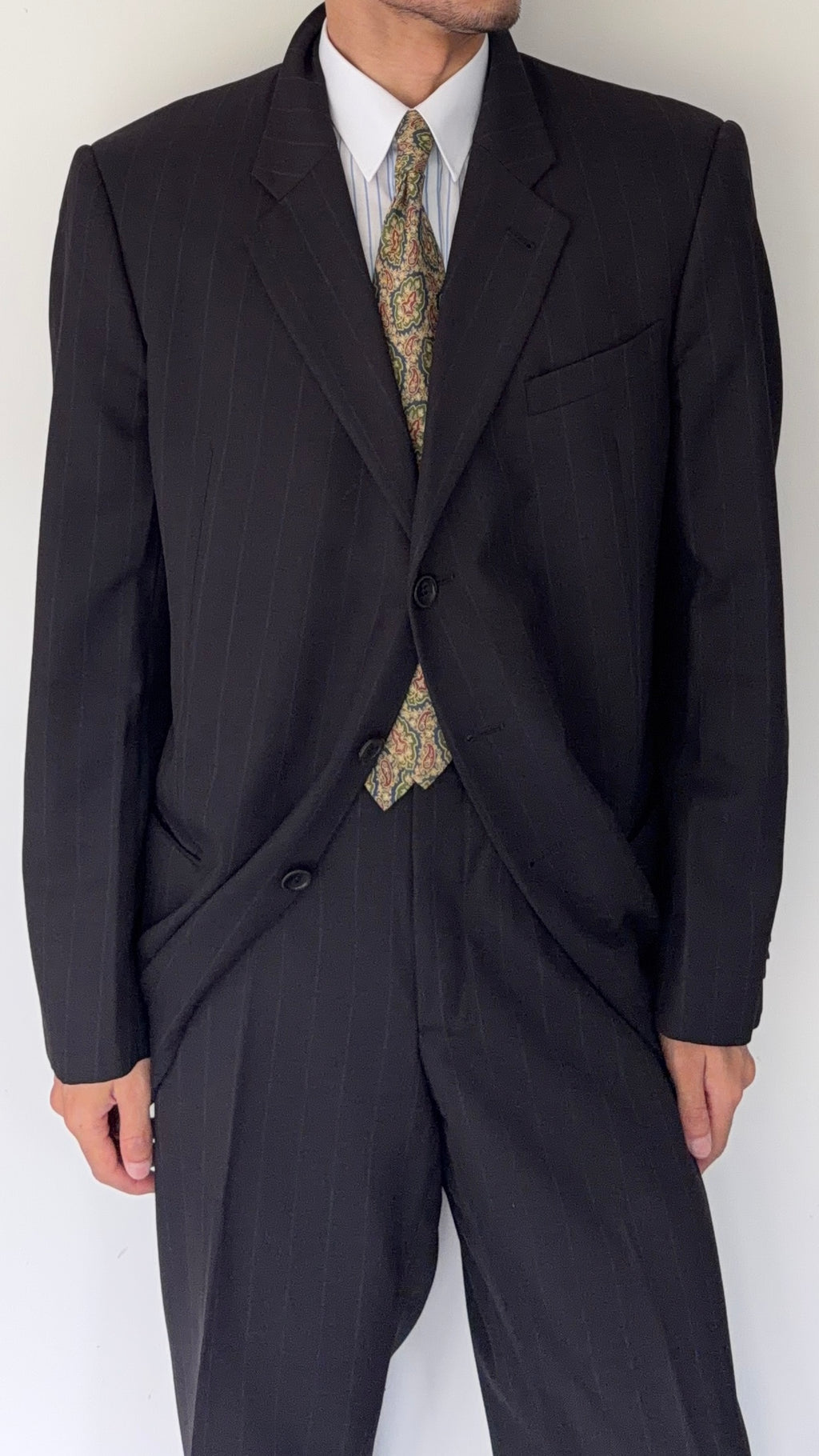 Armani 1990s 3B Black Wool Striped Suit - Size XXL Jacket / 40" Waist