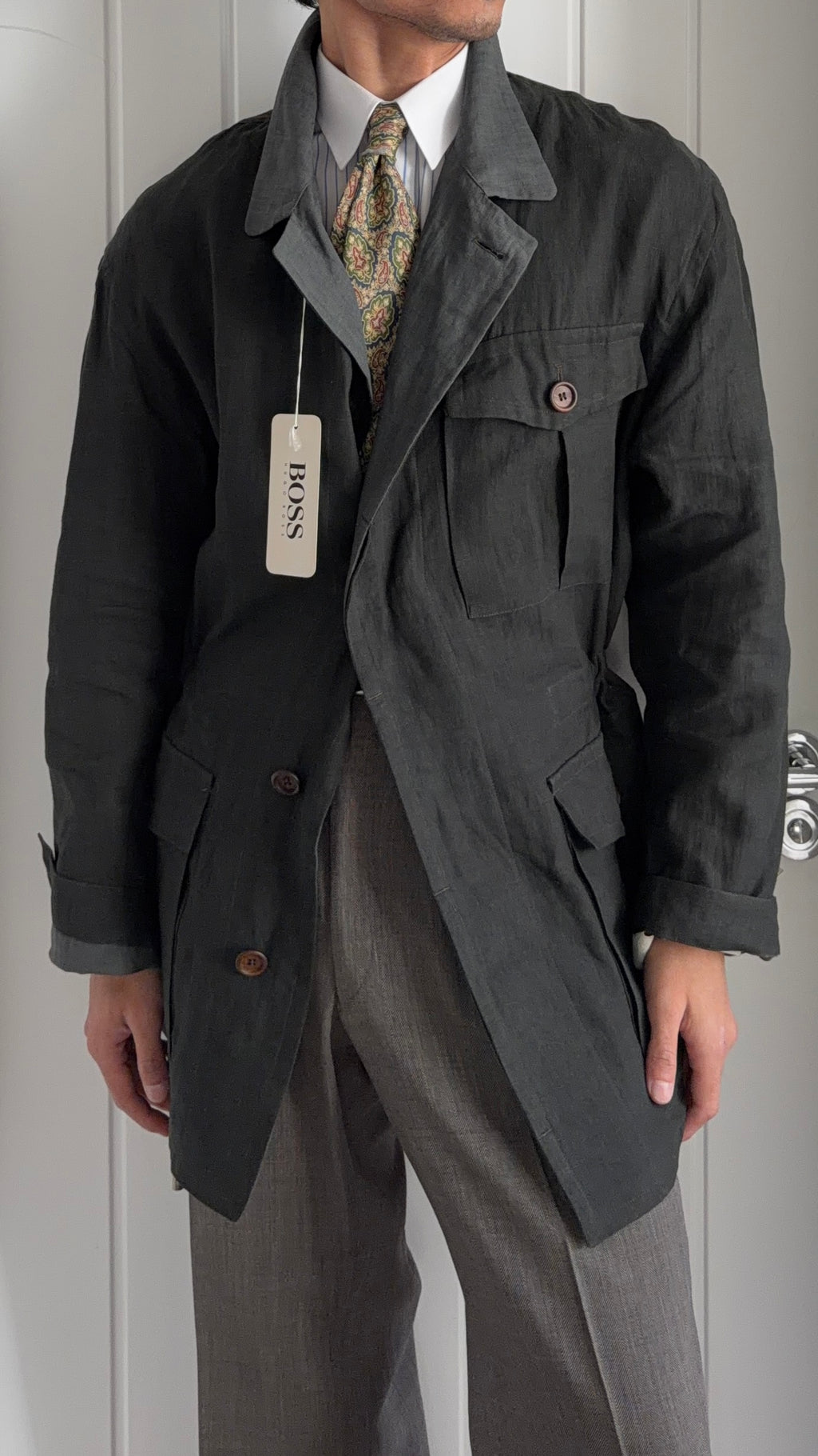 Hugo Boss 1980s 'Daktari' Linen Safari Field Jacket - Size XL