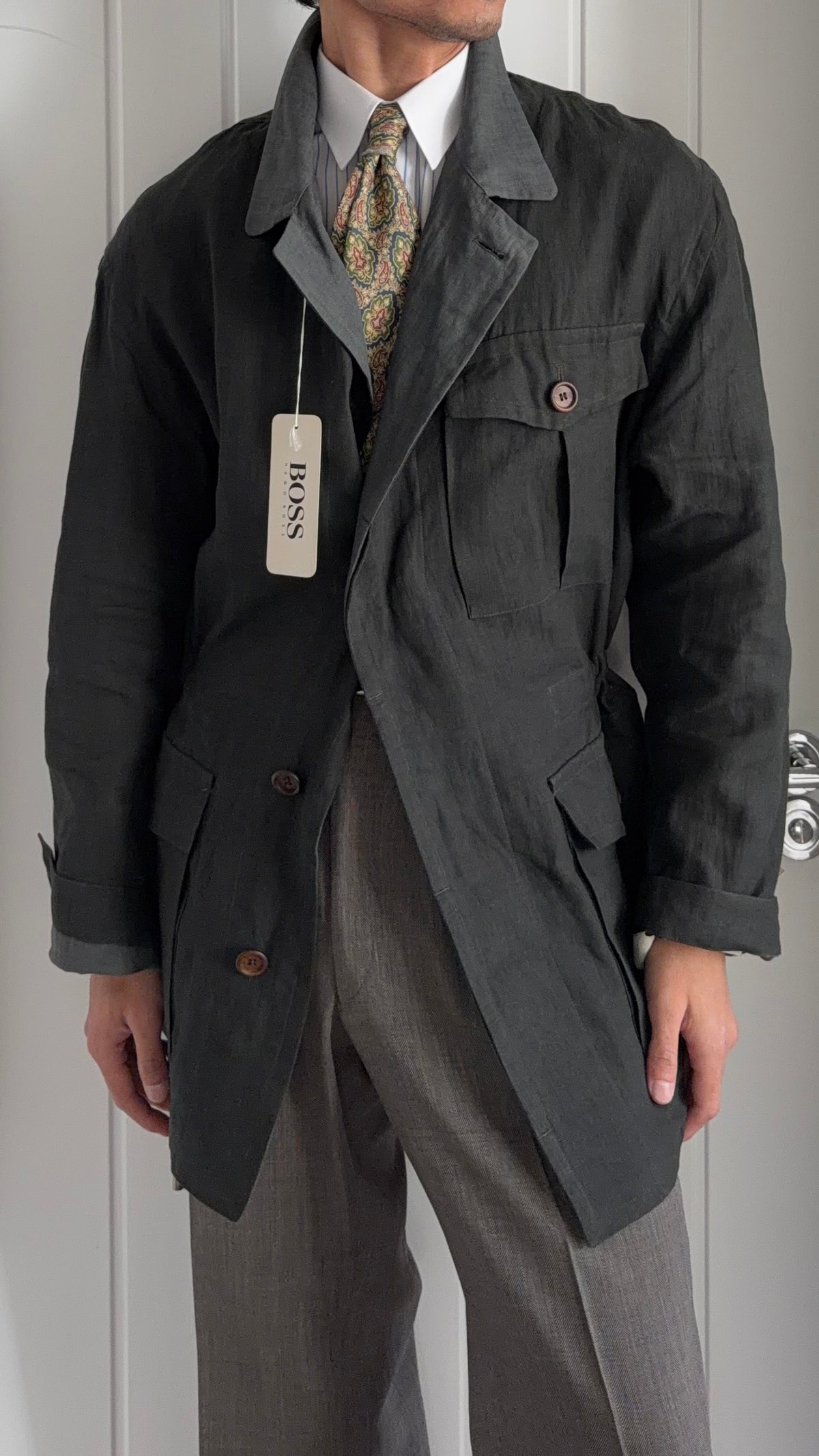 Hugo Boss 1980s 'Daktari' Linen Safari Field Jacket - Size XL