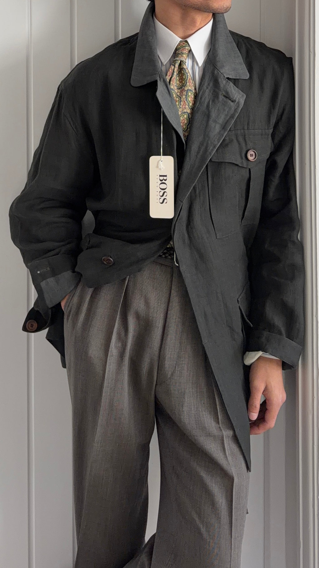 Hugo Boss 1980s 'Daktari' Linen Safari Field Jacket - Size XL