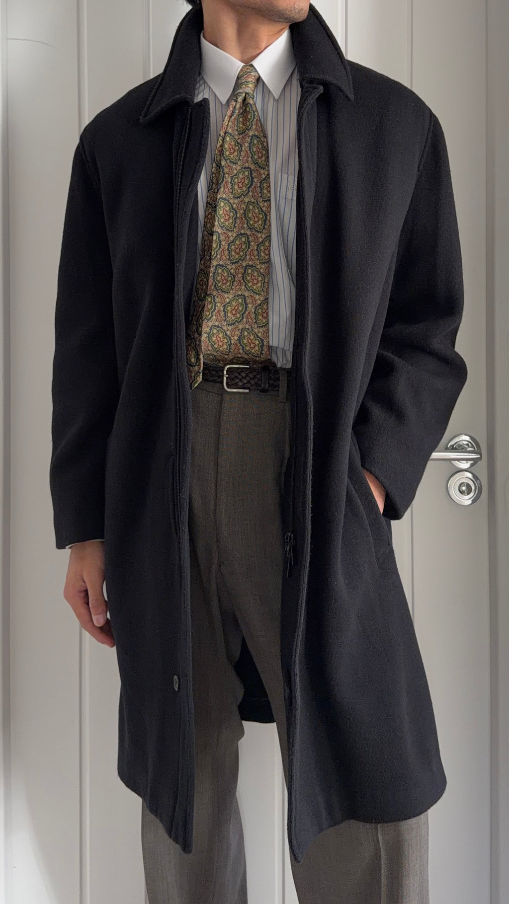Emporio Armani 1990s Zip-Front Wool Blend Black Coat - Size L