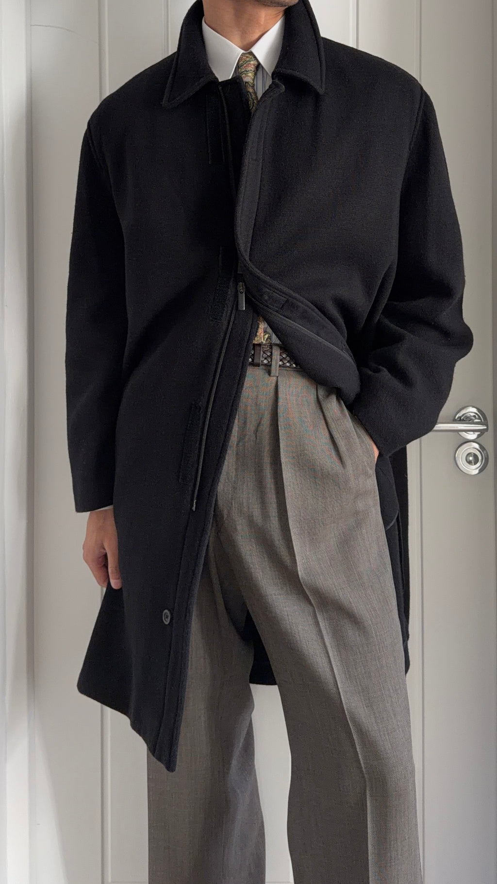 Emporio Armani 1990s Zip-Front Wool Blend Black Coat - Size L