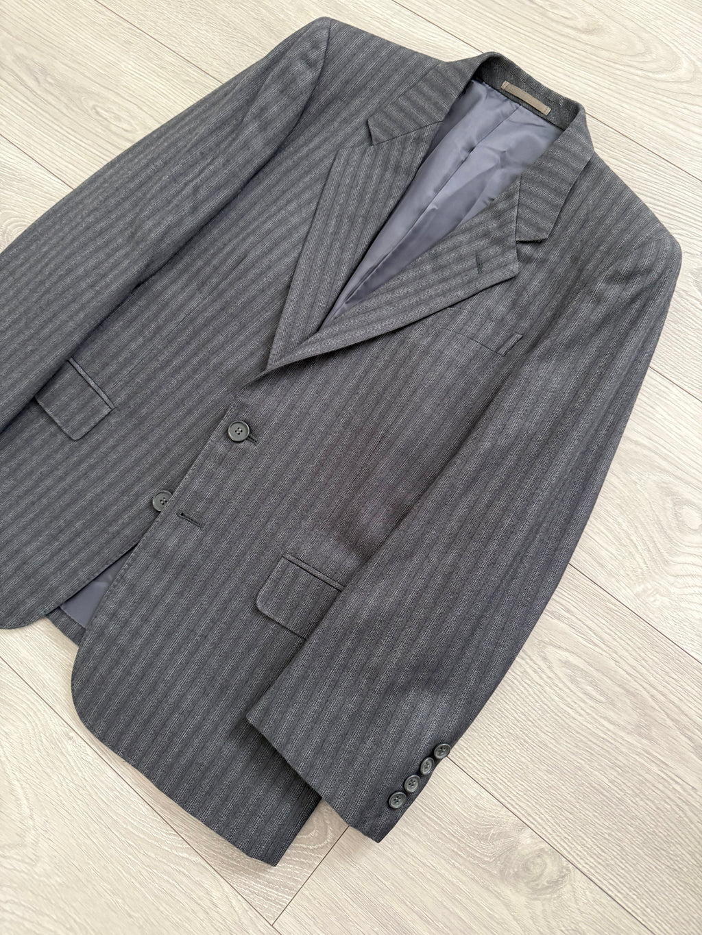 Yves Saint Laurent 1990s 2B Textured Wool Grey Navy Suit - Size S Jacket / 31" Waist