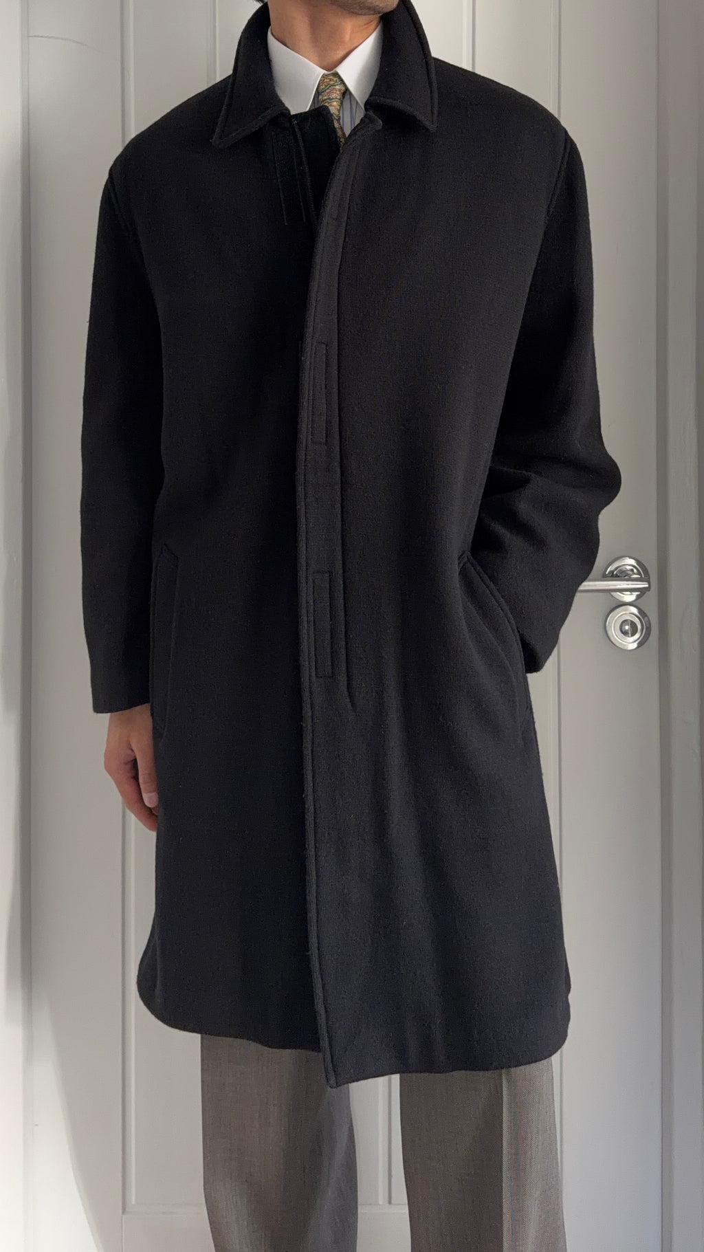 Emporio Armani 1990s Zip-Front Wool Blend Black Coat - Size L