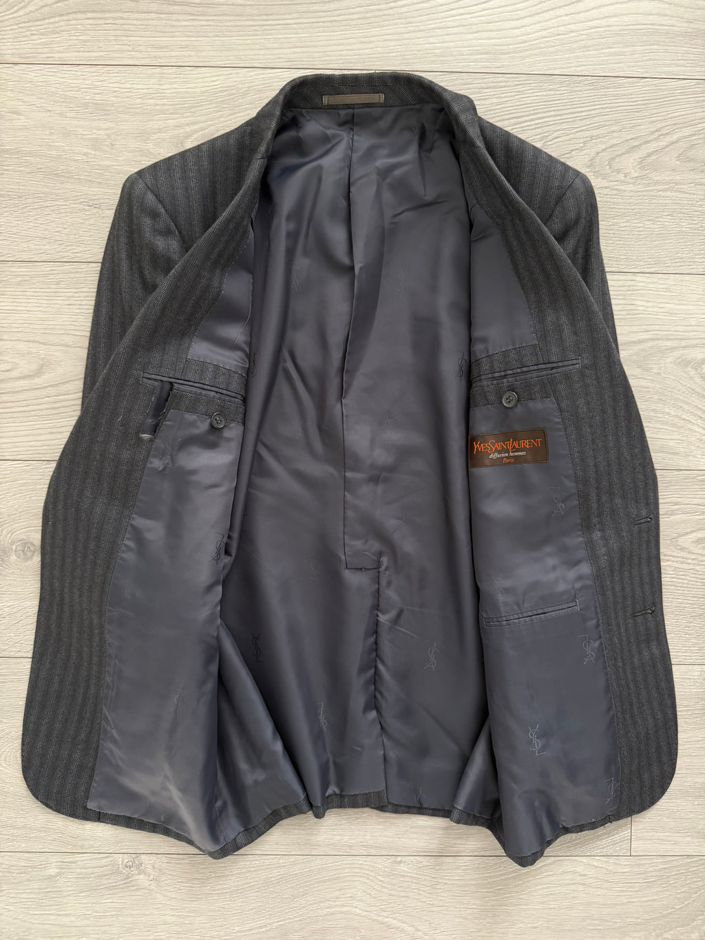 Yves Saint Laurent 1990s 2B Textured Wool Grey Navy Suit - Size S Jacket / 31" Waist