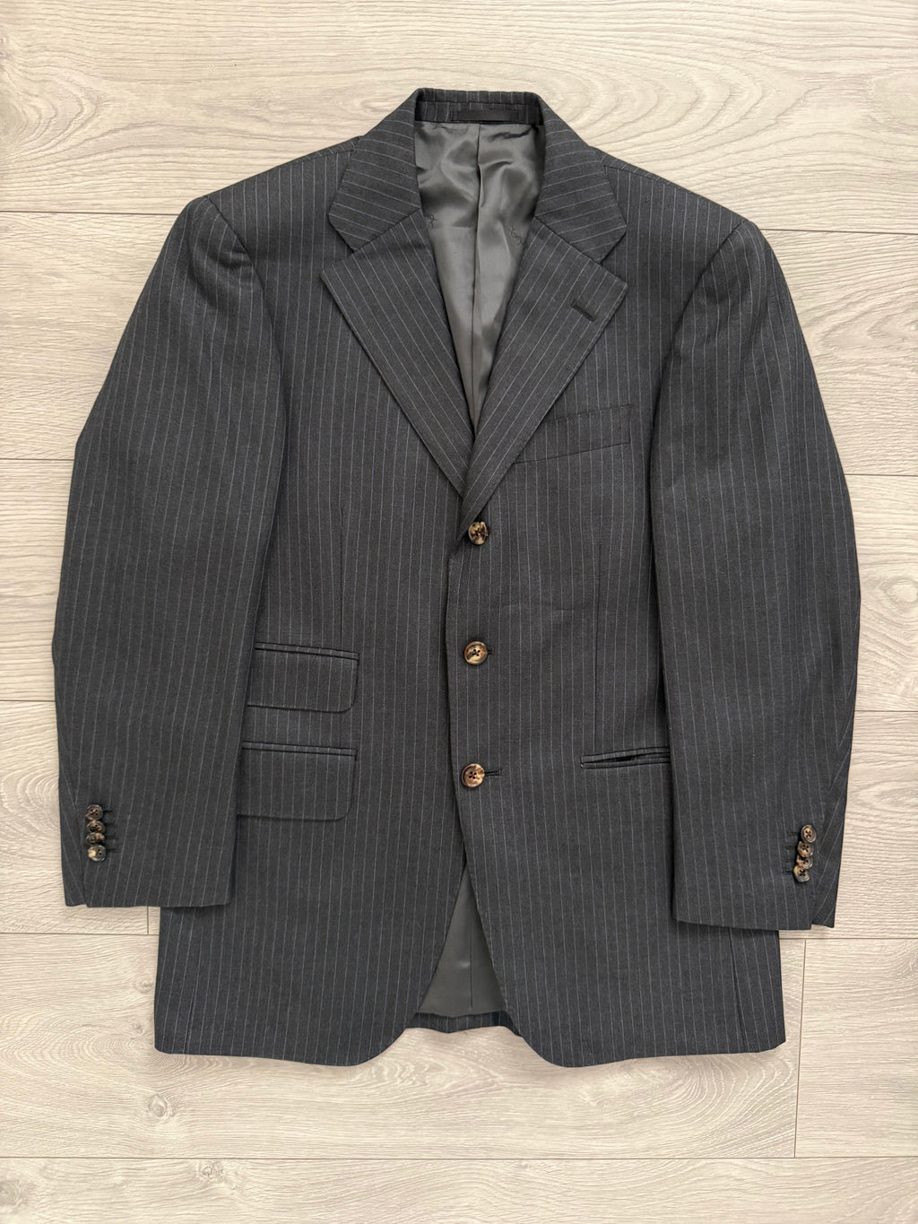 Yves Saint Laurent 1990s 3B Super 120s Wool Grey Pinstriped Suit - Size S Jacket / 31" Waist