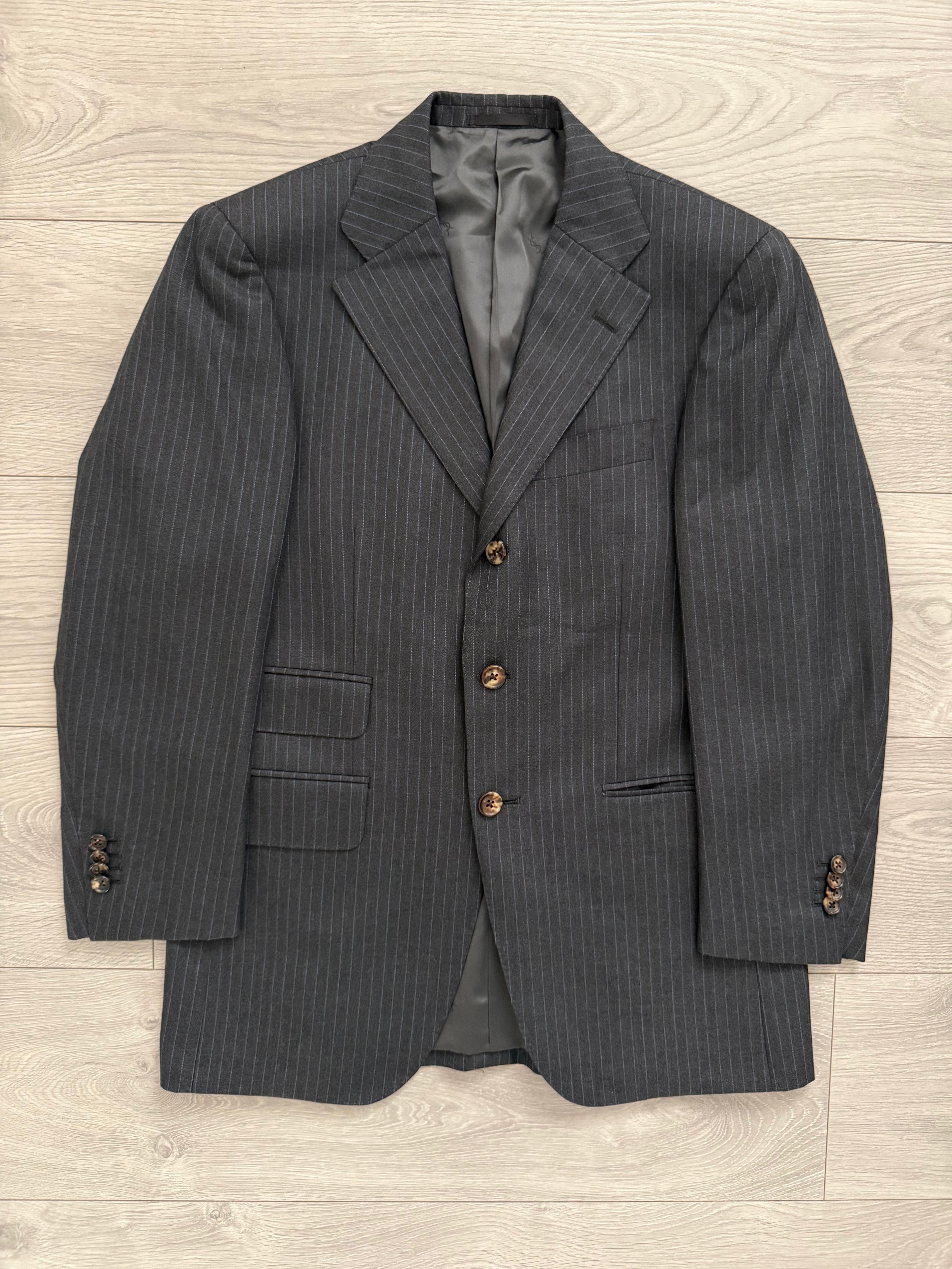 Yves Saint Laurent 1990s 3B Super 120s Wool Grey Pinstriped Suit - Size S Jacket / 31" Waist