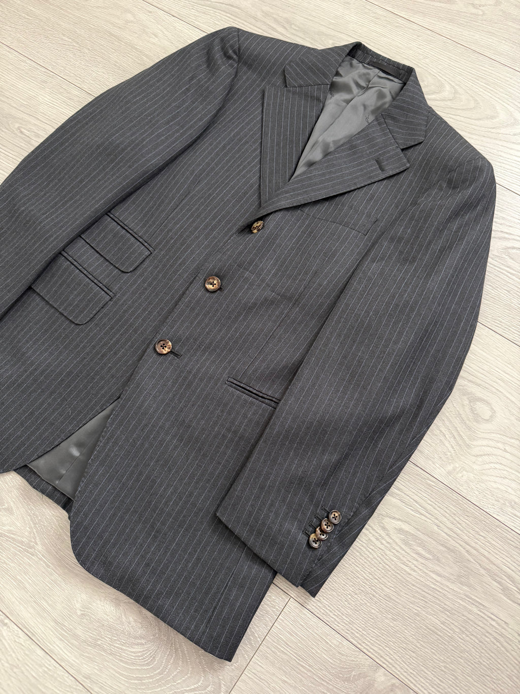 Yves Saint Laurent 1990s 3B Super 120s Wool Grey Pinstriped Suit - Size S Jacket / 31" Waist