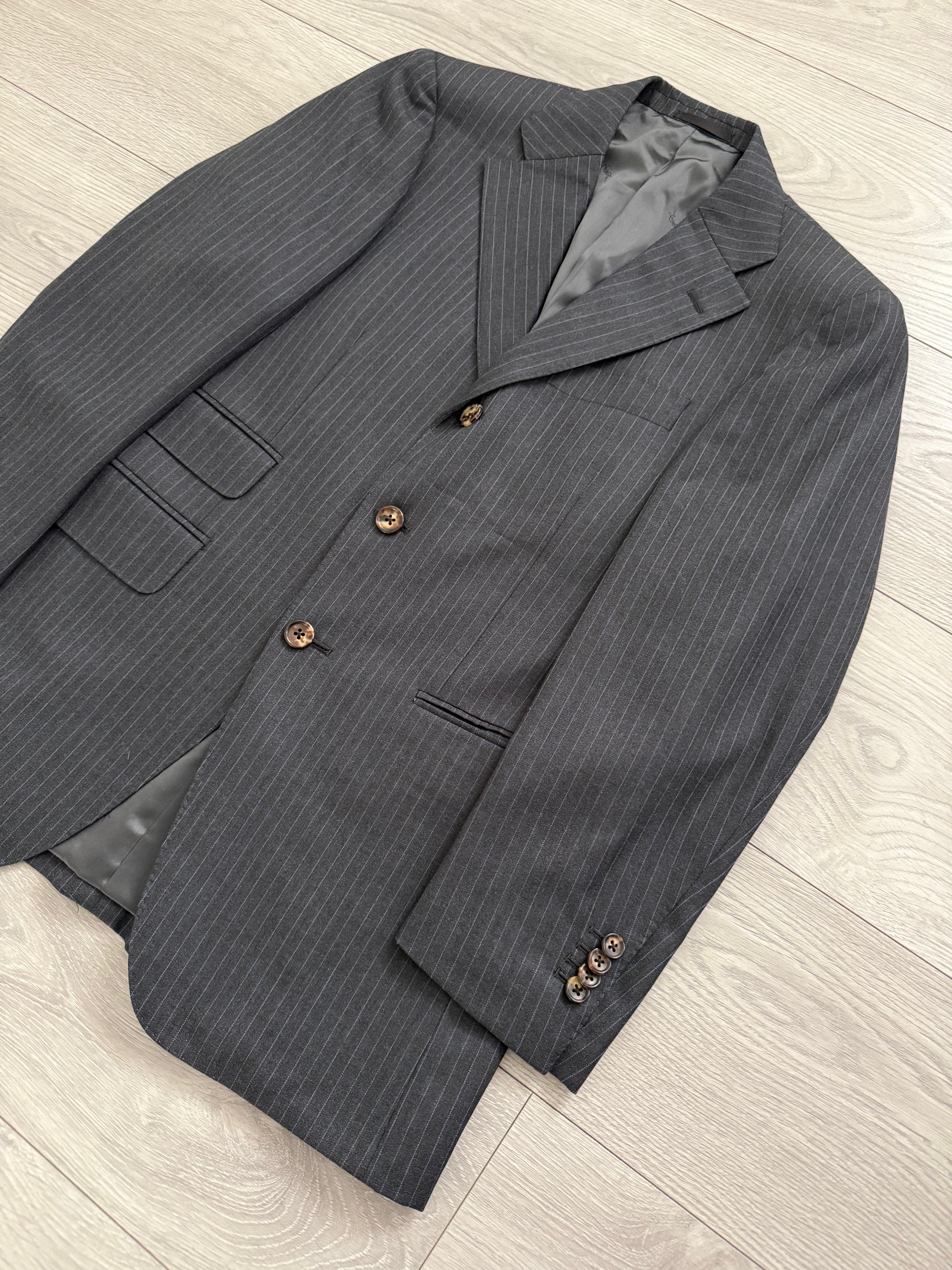 Yves Saint Laurent 1990s 3B Super 120s Wool Grey Pinstriped Suit - Size S Jacket / 31" Waist