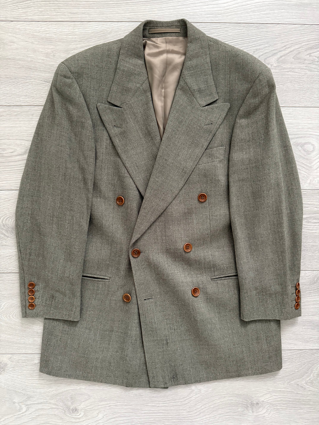 Hugo Boss 1980s Peaked Lapel Double Breasted Cerruti Fabric Wool Suit Taupe Beige - Size S Jacket / 30" Waist