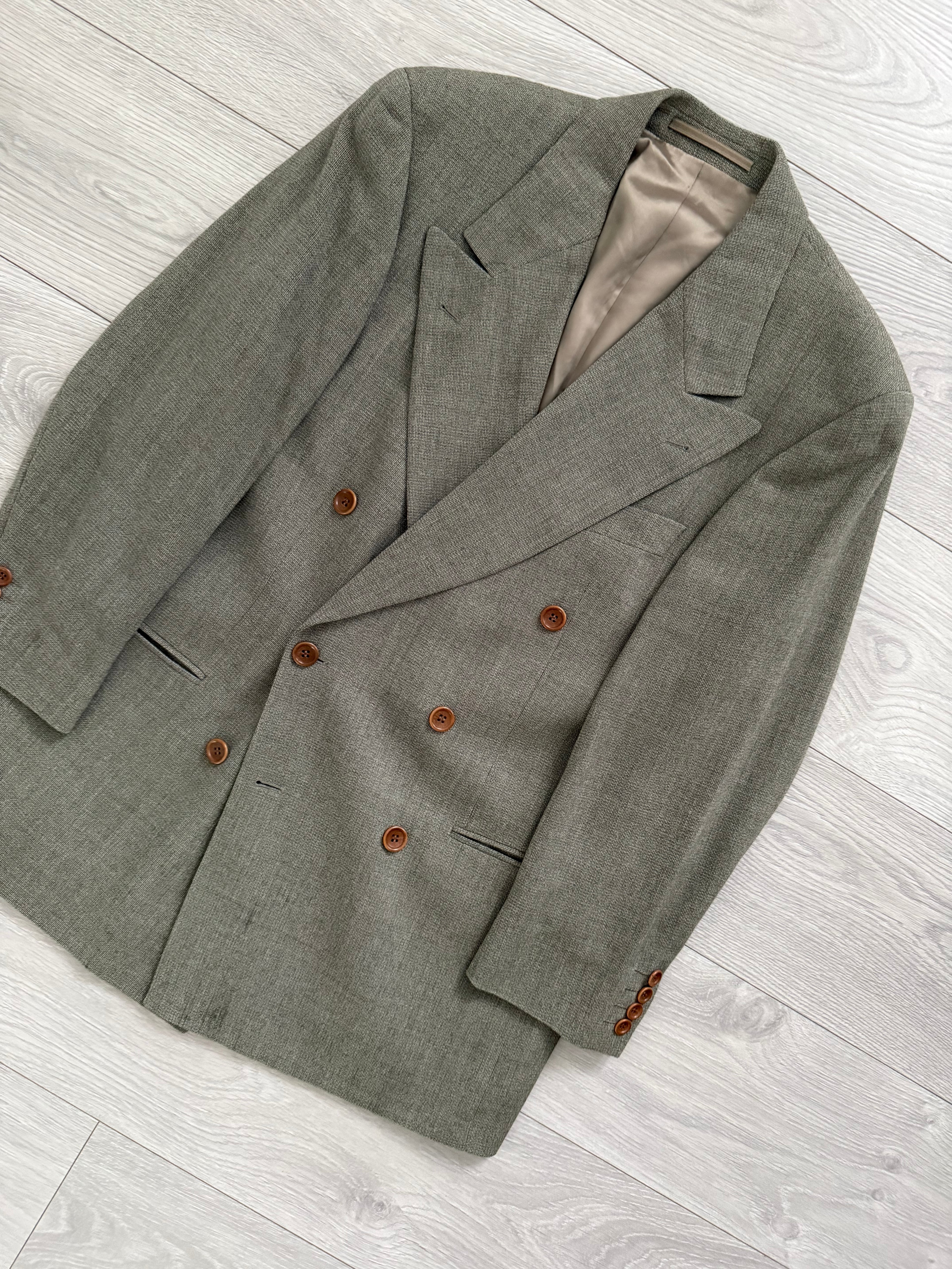 Hugo Boss 1980s Peaked Lapel Double Breasted Cerruti Fabric Wool Suit Taupe Beige - Size S Jacket / 30" Waist