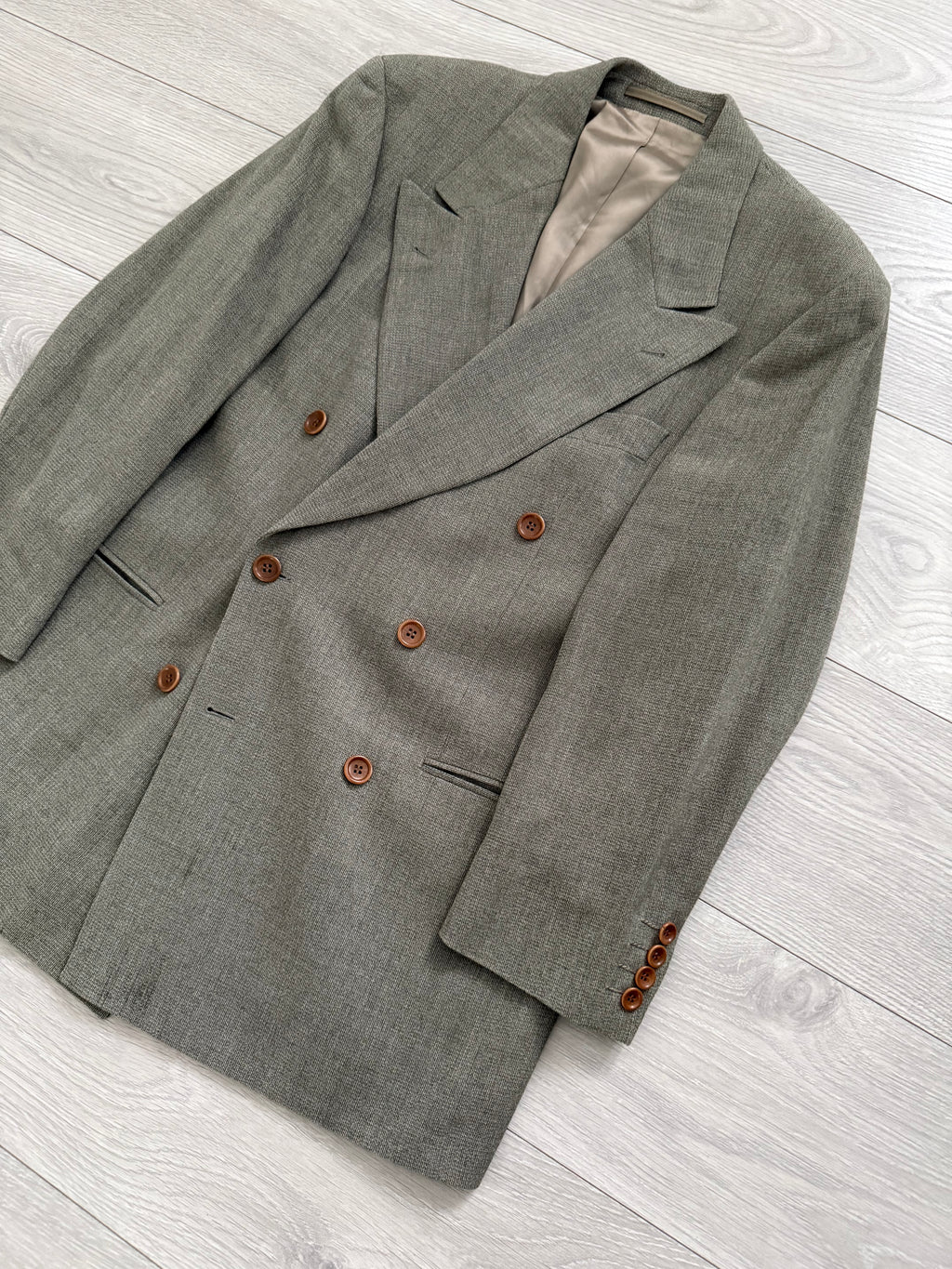 Hugo Boss 1980s Peaked Lapel Double Breasted Cerruti Fabric Wool Suit Taupe Beige - Size S Jacket / 30" Waist