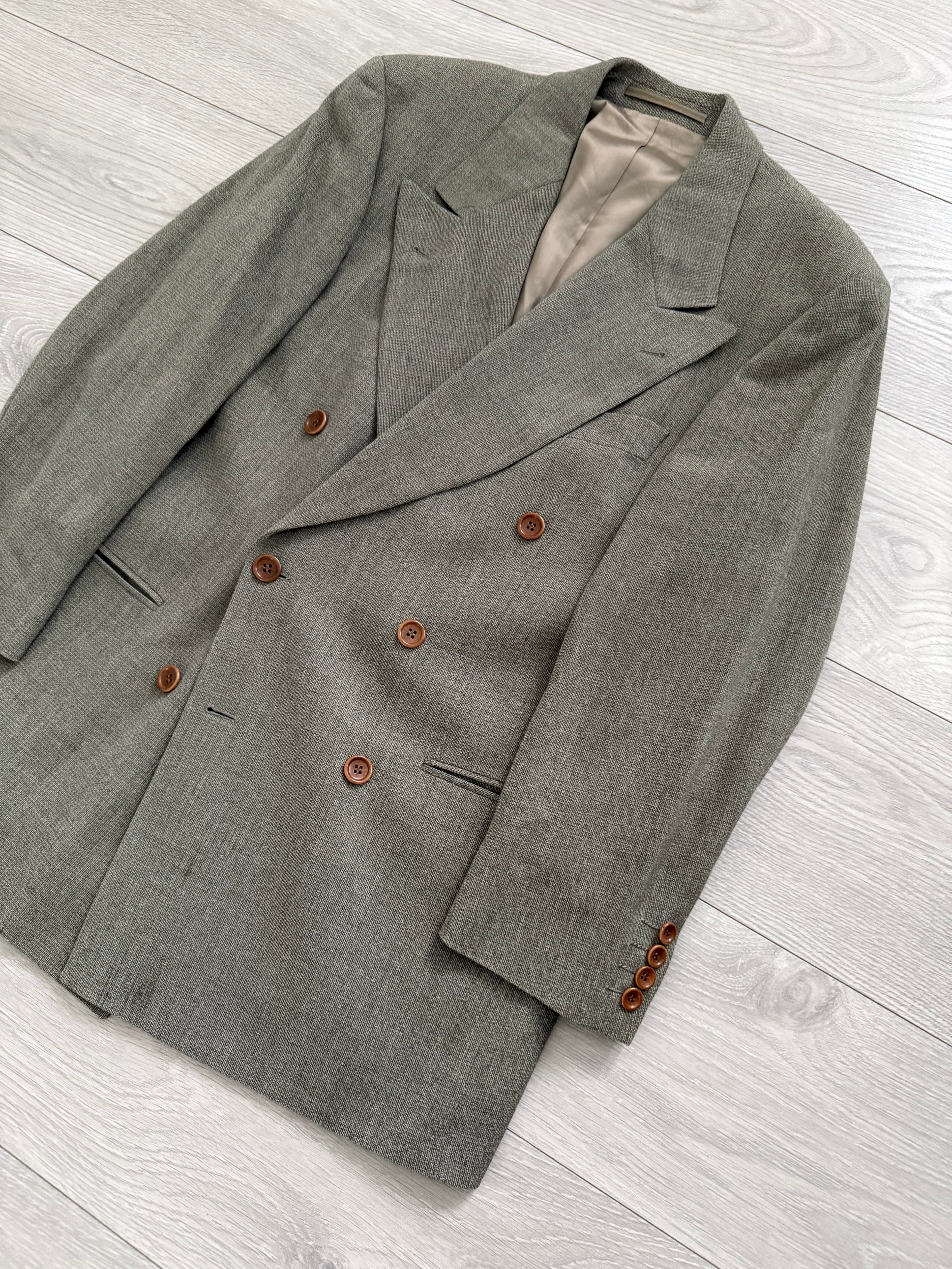 Hugo Boss 1980s Peaked Lapel Double Breasted Cerruti Fabric Wool Suit Taupe Beige - Size S Jacket / 30" Waist