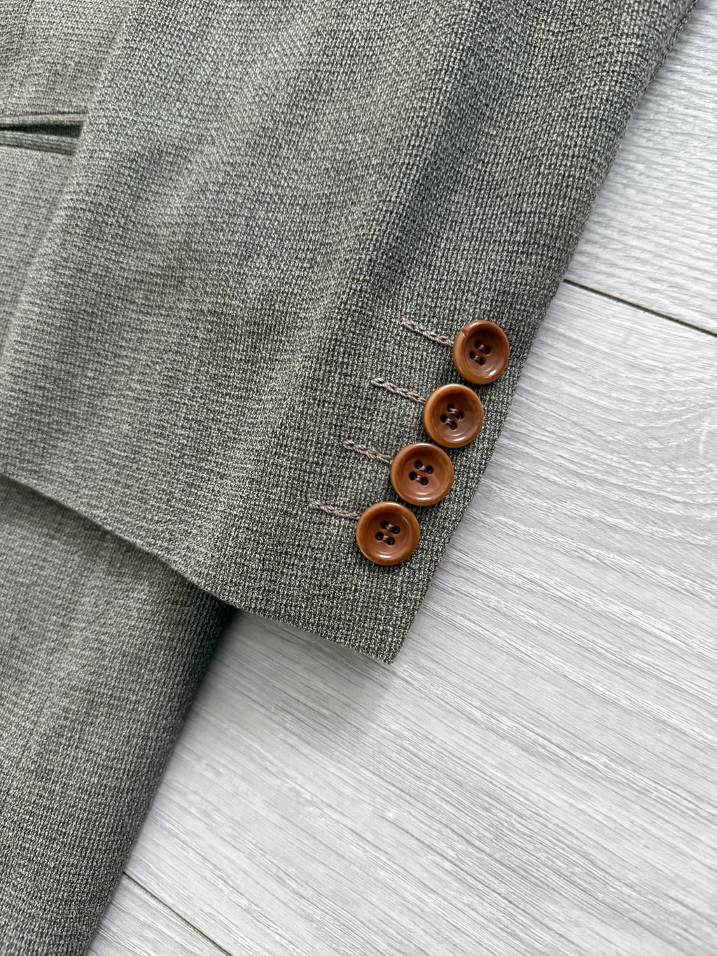 Hugo Boss 1980s Peaked Lapel Double Breasted Cerruti Fabric Wool Suit Taupe Beige - Size S Jacket / 30" Waist