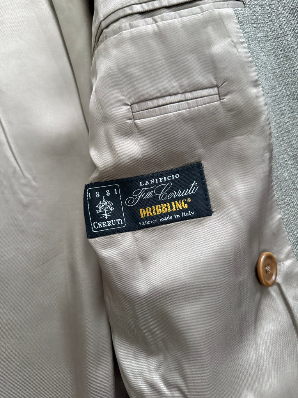 Hugo Boss 1980s Peaked Lapel Double Breasted Cerruti Fabric Wool Suit Taupe Beige - Size S Jacket / 30" Waist
