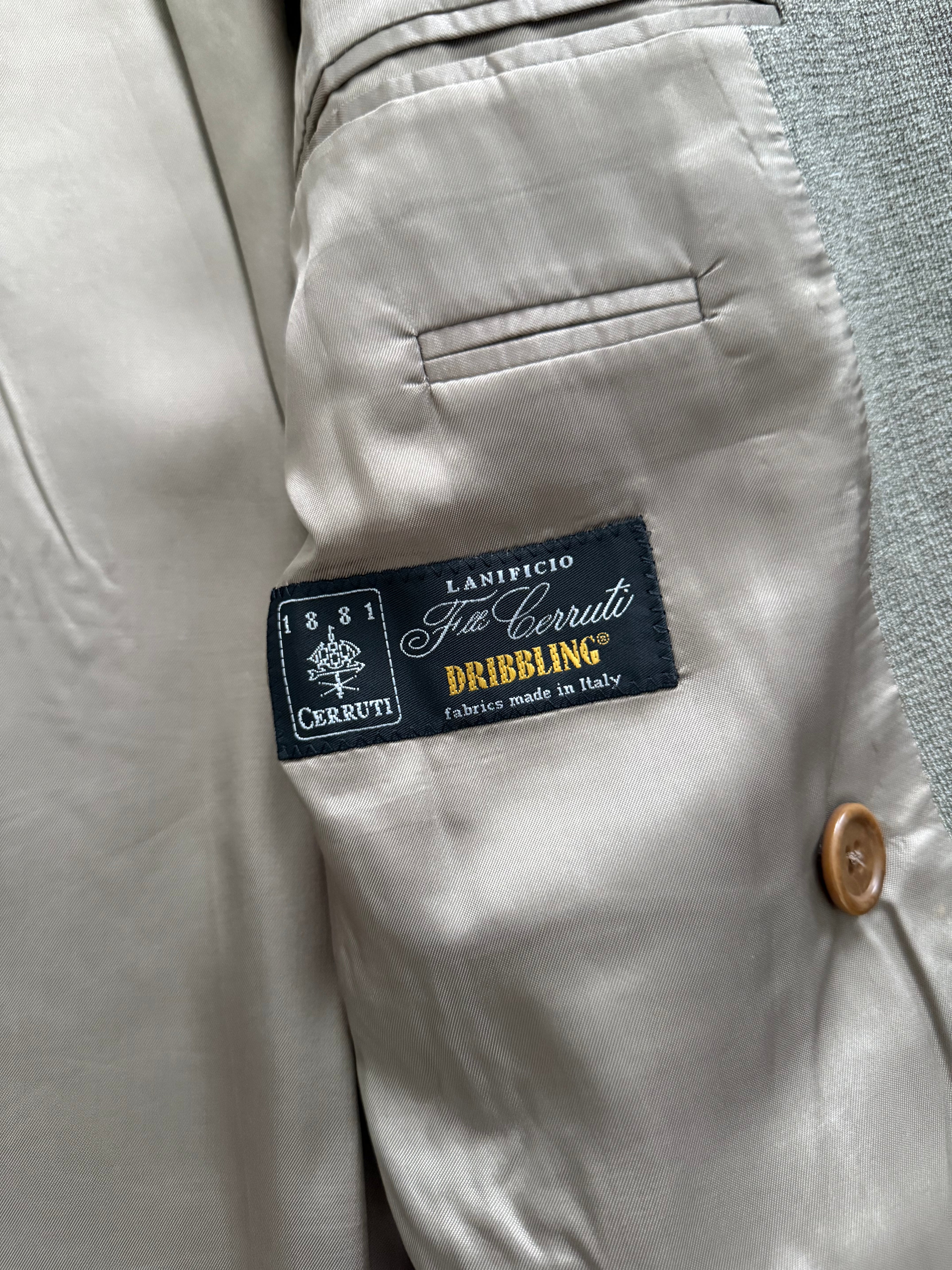 Hugo Boss 1980s Peaked Lapel Double Breasted Cerruti Fabric Wool Suit Taupe Beige - Size S Jacket / 30" Waist