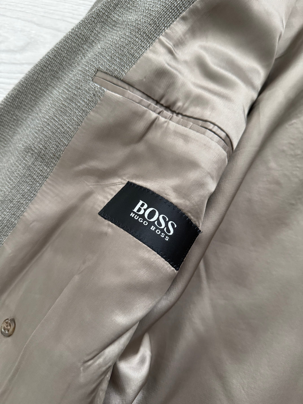 Hugo Boss 1980s Peaked Lapel Double Breasted Cerruti Fabric Wool Suit Taupe Beige - Size S Jacket / 30" Waist