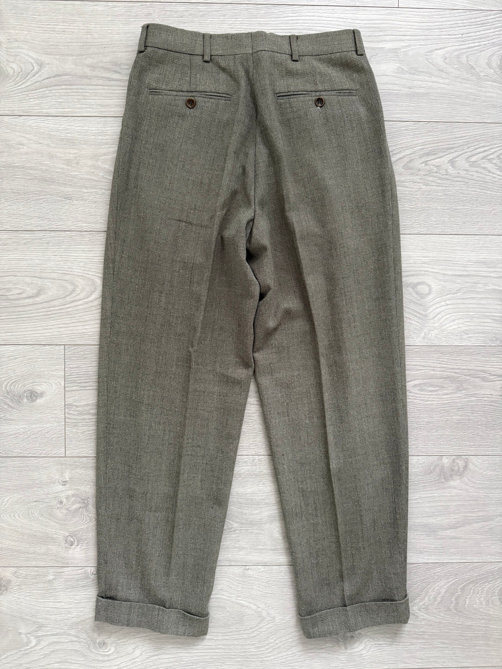 Hugo Boss 1980s Peaked Lapel Double Breasted Cerruti Fabric Wool Suit Taupe Beige - Size S Jacket / 30" Waist