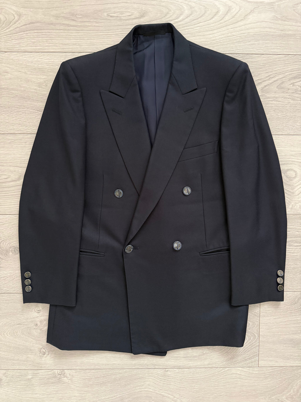 Christian Dior 1980s Peaked Lapel Double Breasted Metal Button Wool Suit Navy- Size S Jacket / 29" Waist