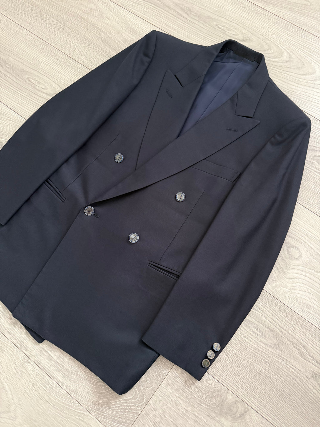 Christian Dior 1980s Peaked Lapel Double Breasted Metal Button Wool Suit Navy- Size S Jacket / 29" Waist