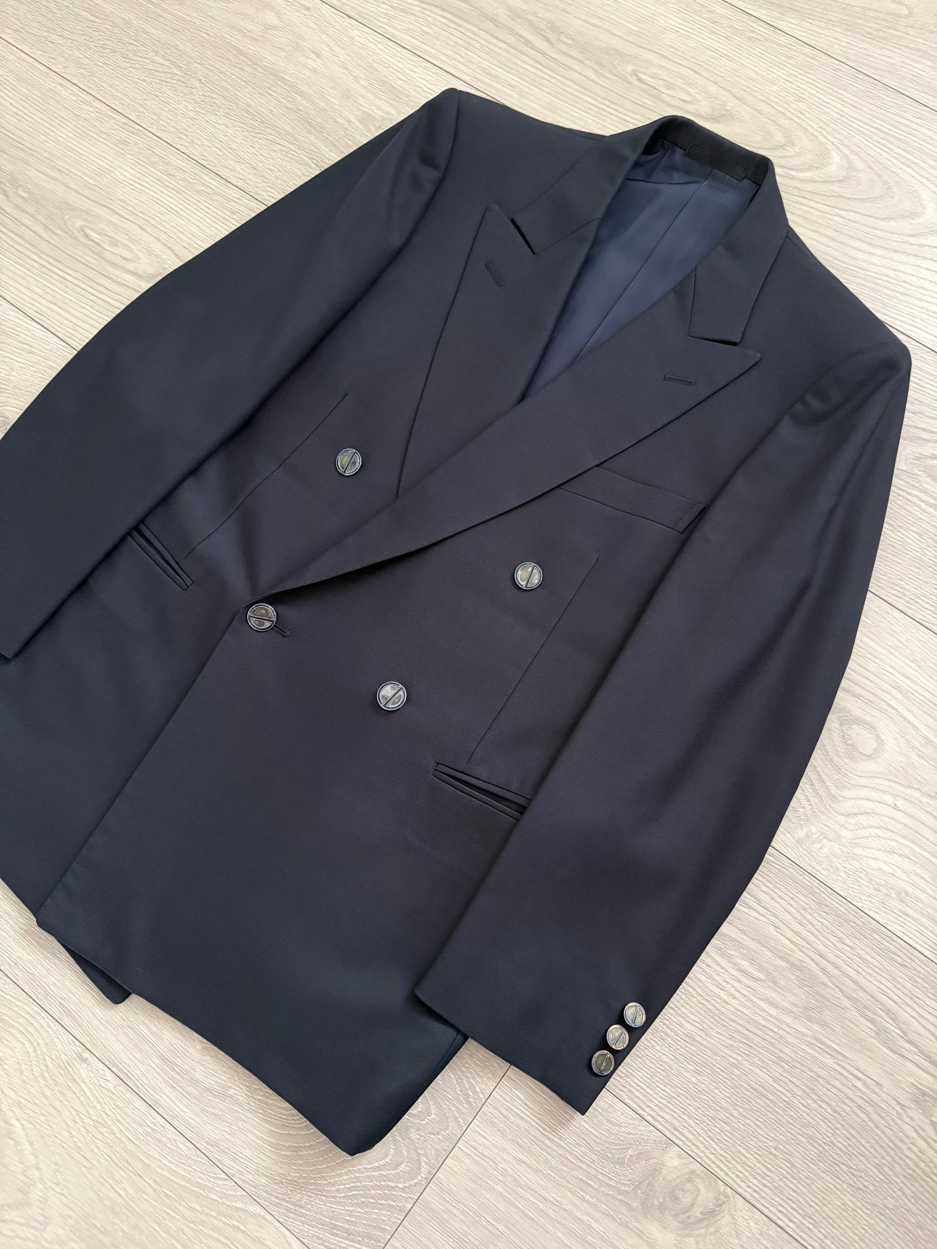 Christian Dior 1980s Peaked Lapel Double Breasted Metal Button Wool Suit Navy- Size S Jacket / 29" Waist