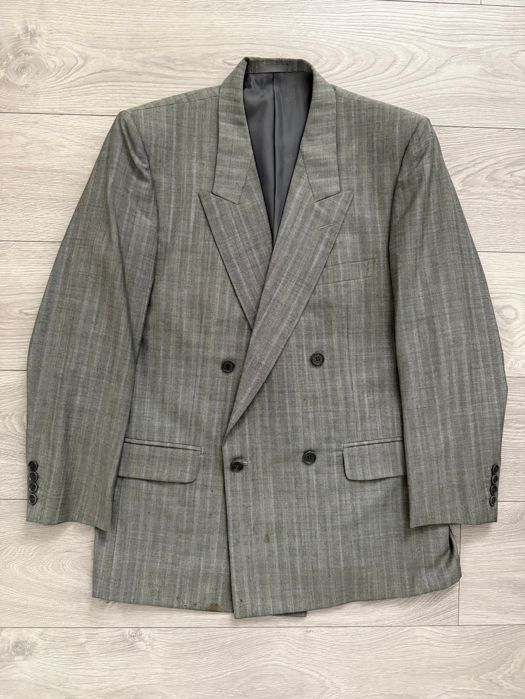 Christian Dior 1980s Peaked Lapel Double Breasted Wool Suit Grey - Size L Jacket / 34" Waist