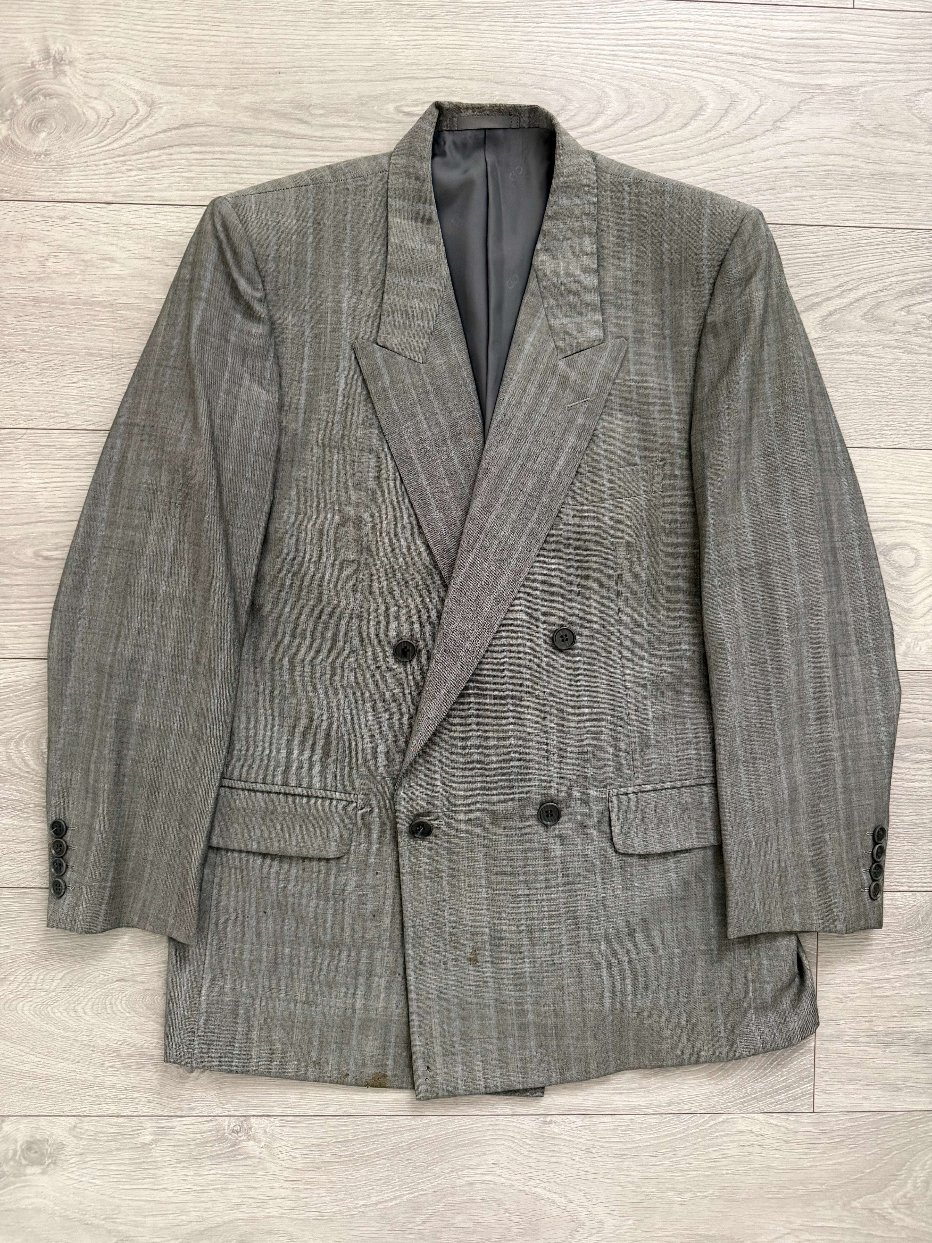 Christian Dior 1980s Peaked Lapel Double Breasted Wool Suit Grey - Size L Jacket / 34" Waist