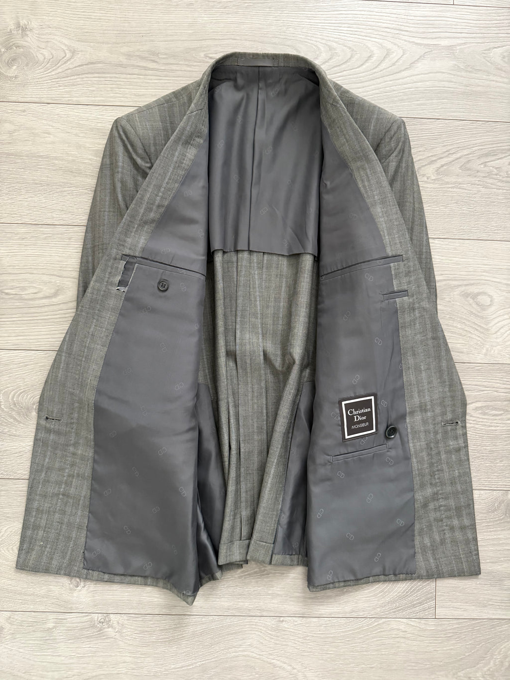 Christian Dior 1980s Peaked Lapel Double Breasted Wool Suit Grey - Size L Jacket / 34" Waist