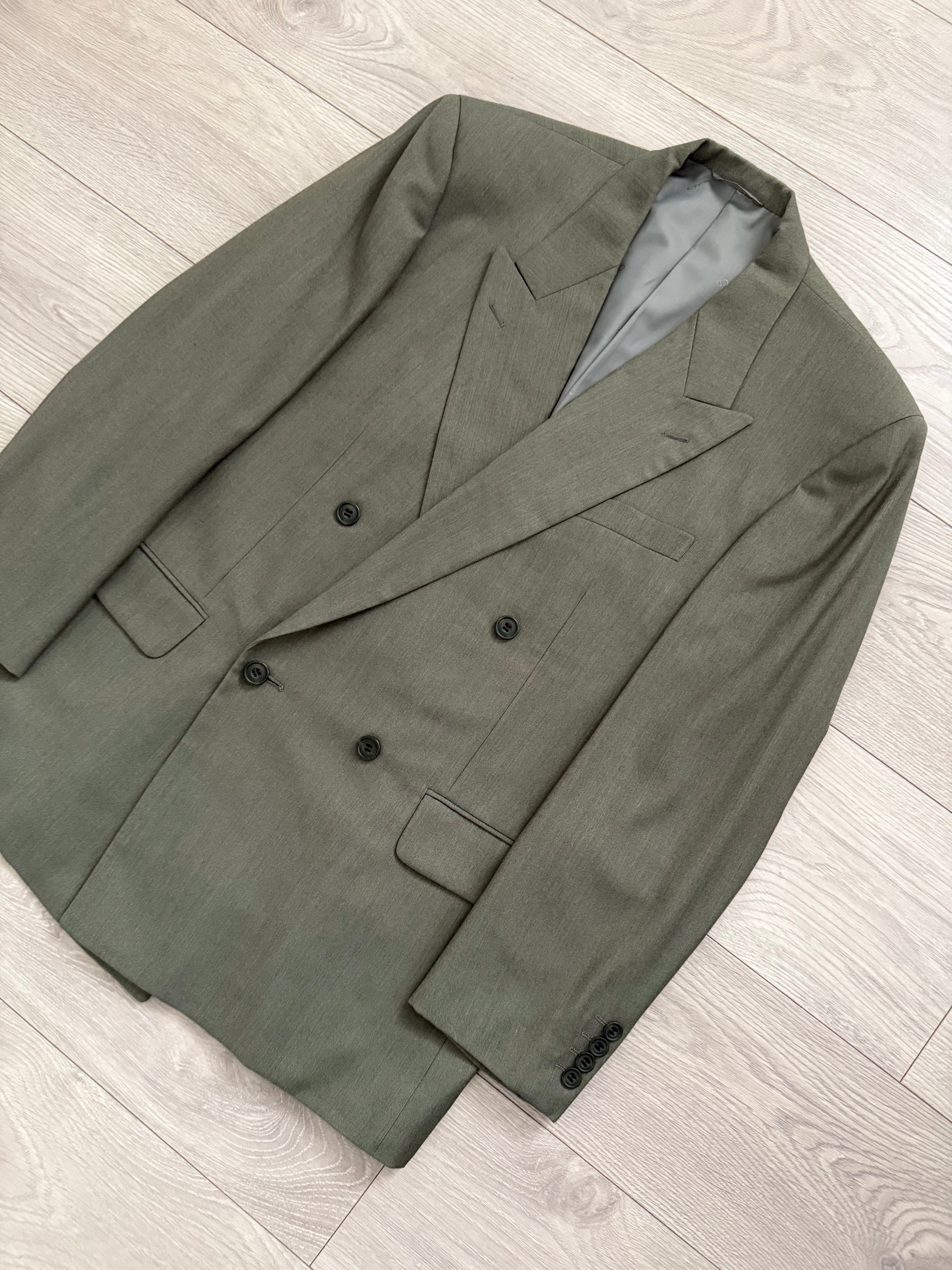 Christian Dior 1980s Peaked Lapel Double Breasted Pleated Wool Suit Taupe Olive - Size XL Jacket / 34" Waist