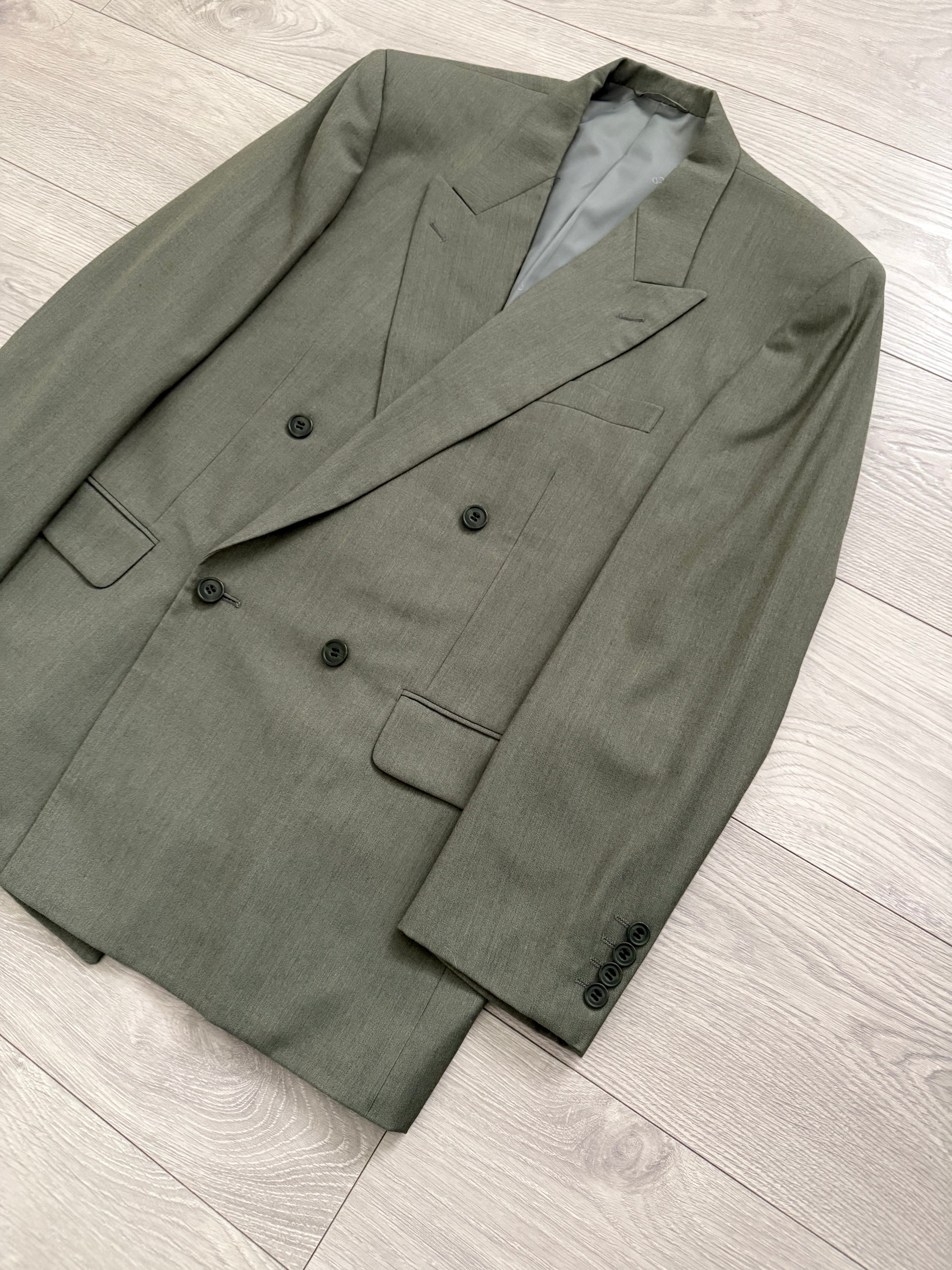 Christian Dior 1980s Peaked Lapel Double Breasted Pleated Wool Suit Taupe Olive - Size XL Jacket / 34" Waist