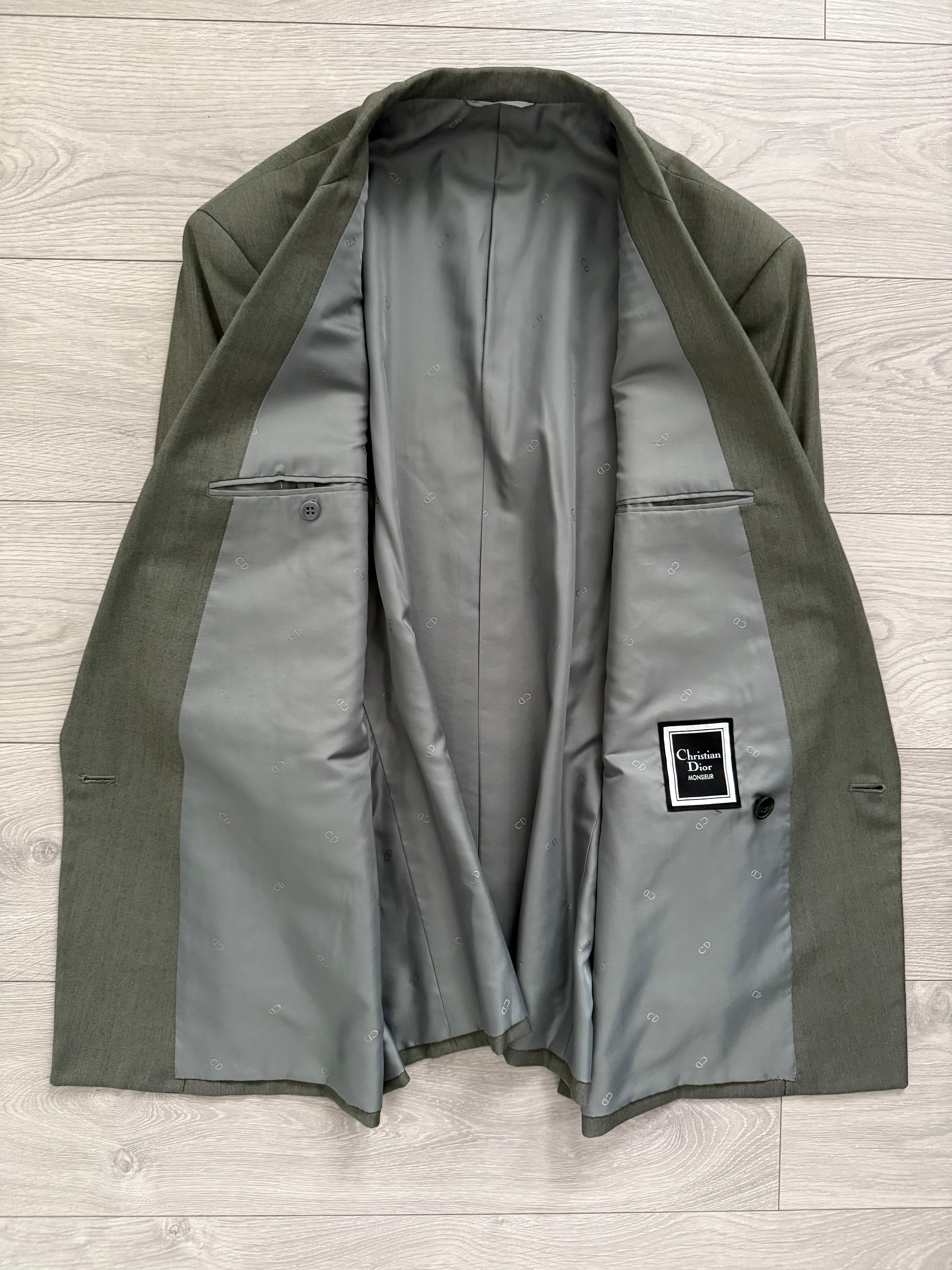 Christian Dior 1980s Peaked Lapel Double Breasted Pleated Wool Suit Taupe Olive - Size XL Jacket / 34" Waist