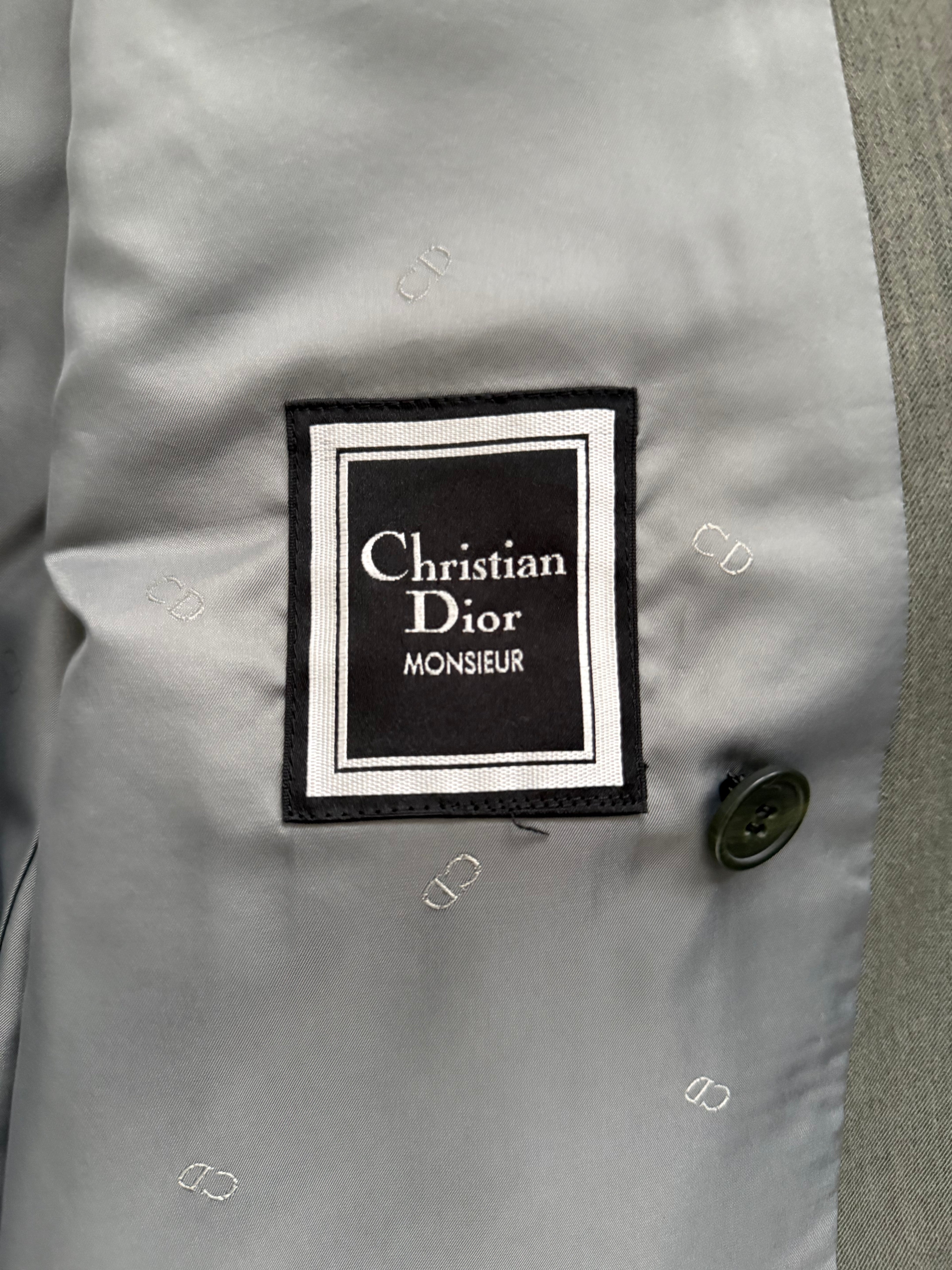 Christian Dior 1980s Peaked Lapel Double Breasted Pleated Wool Suit Taupe Olive - Size XL Jacket / 34" Waist
